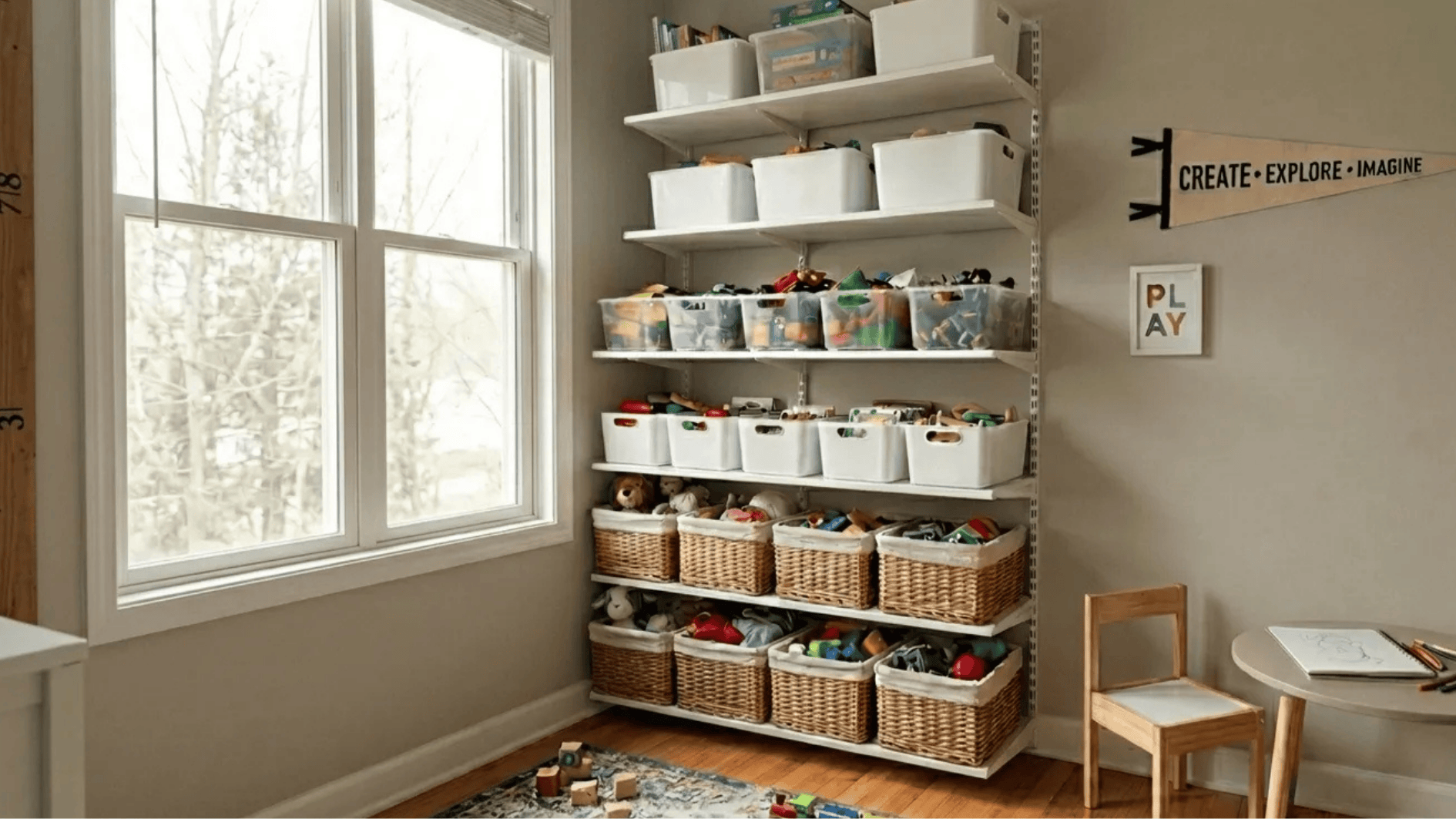 vertical storage shelves with organized toy bins using wall height in a compact playroom with open floor space and simple layout