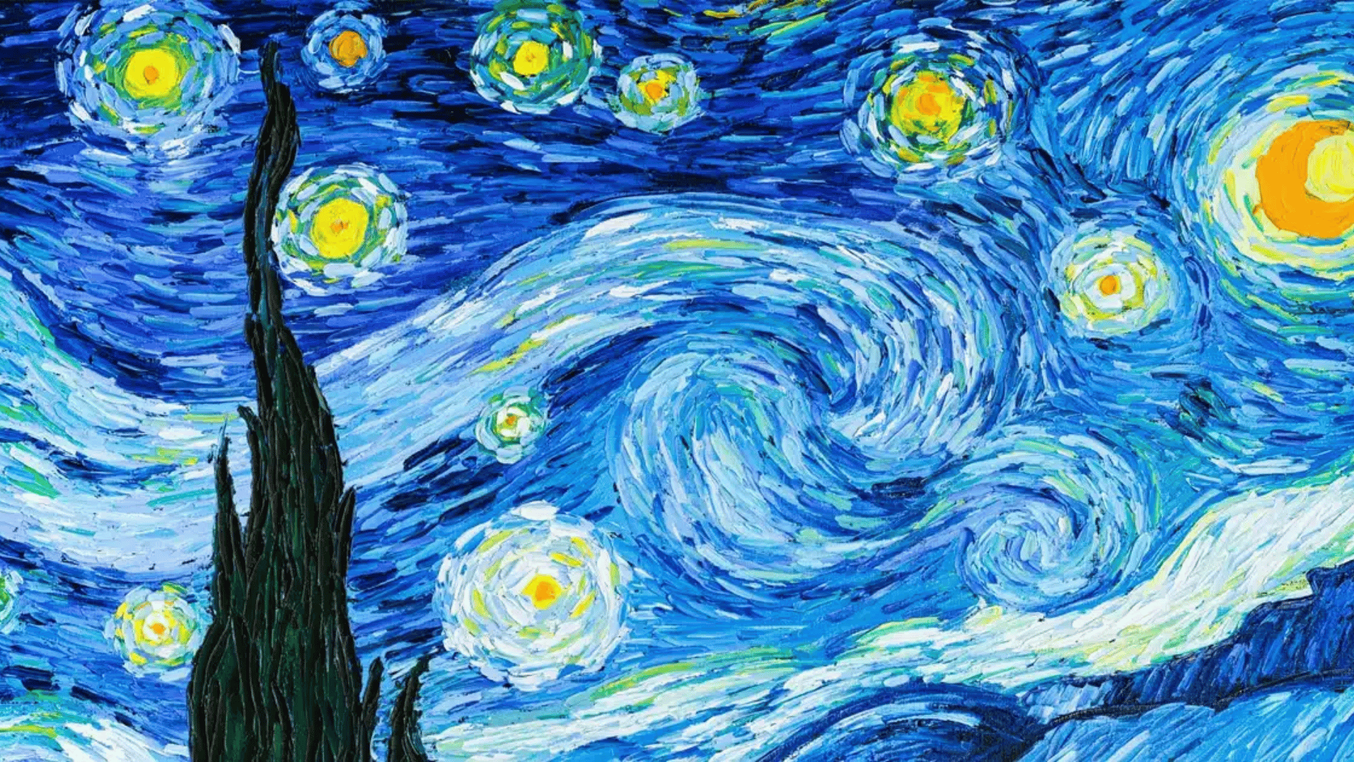 vincent van Gogh’s Starry Night showing swirling blue sky, bright stars and moon above a quiet village with a tall dark cypress tree in foreground (1)