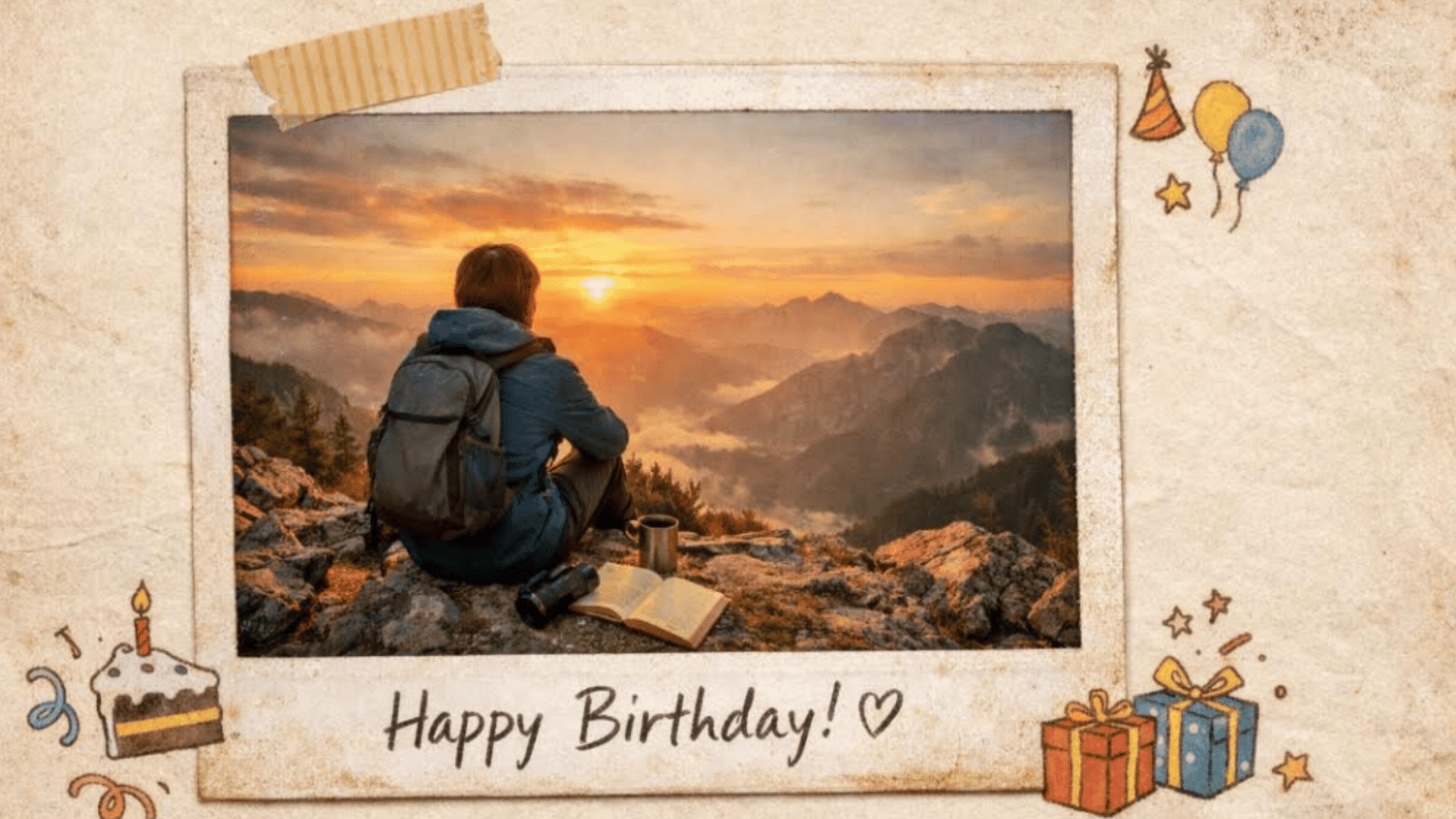vintage Polaroid-style drawing with a photo frame and birthday message inside