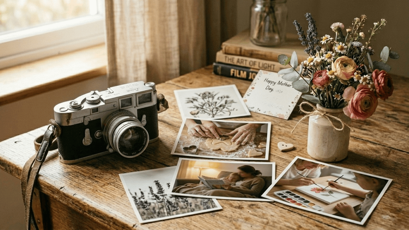 vintage film camera resting on a wooden surface beside a few printed photographs and a small bouquet of flowers, warm natural light