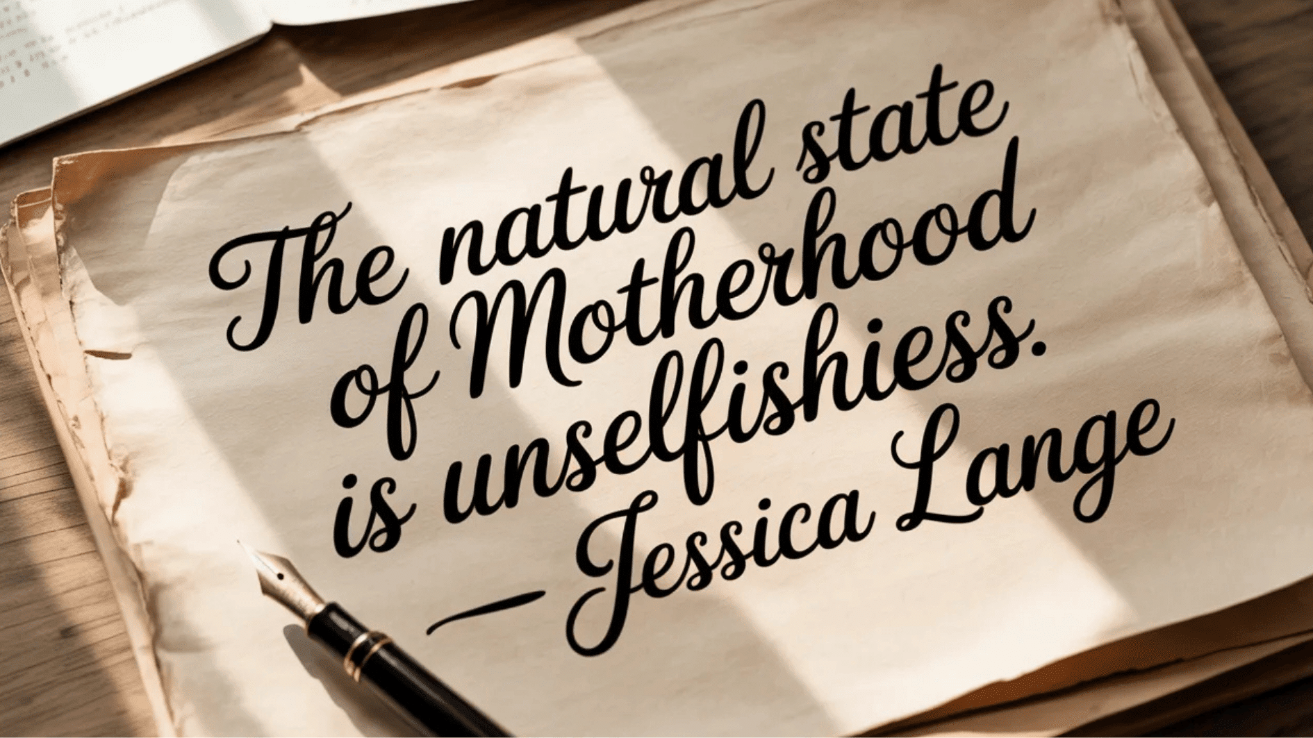 vintage-style paper with handwritten quote about motherhood and unselfishness, paired with a fountain pen on a wooden desk
