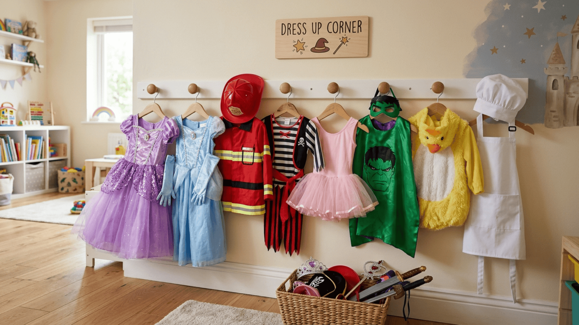 wall hooks holding dress up clothes neatly at reachable height in a small organized playroom