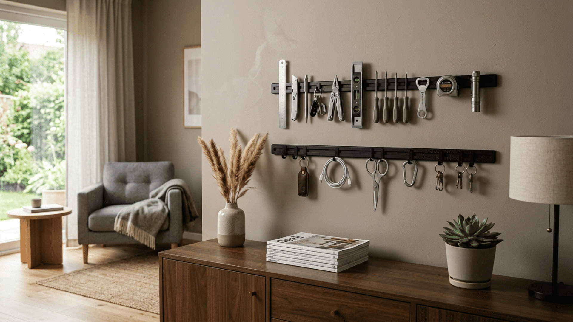 wall-mounted magnetic strips holding tools and accessories above wooden console, organized setup in a modern living space with natural light