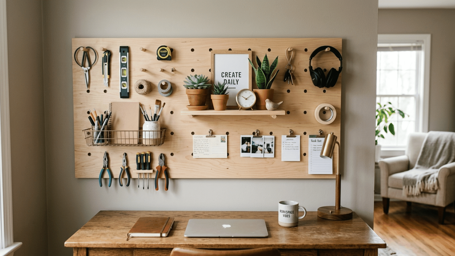 wall-mounted pegboard organizer with tools, plants and decor, clean workspace setup with functional wall storage design