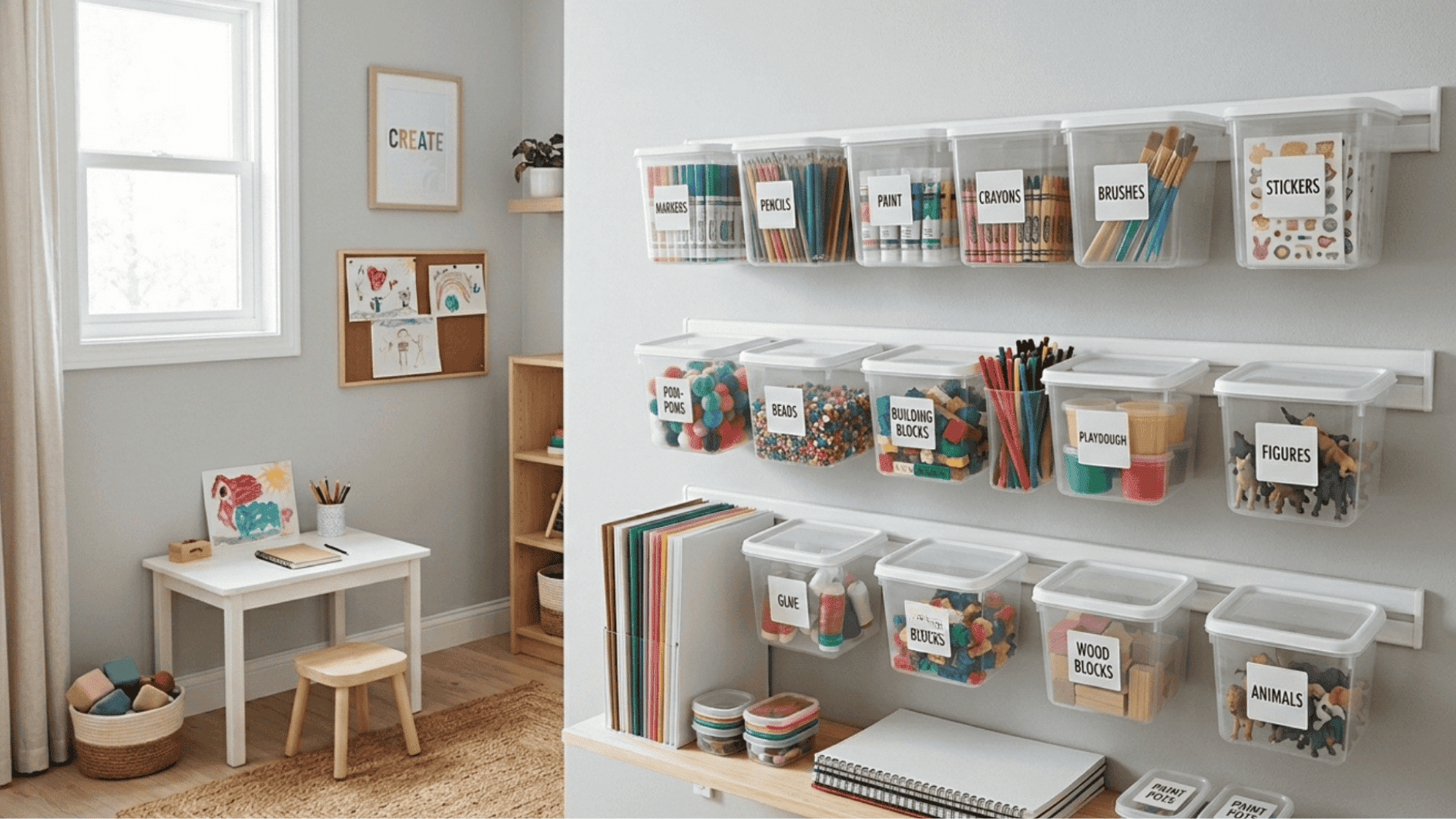 wall mounted storage bins holding toys and art supplies keeping floor space clear in a small organized playroom setup