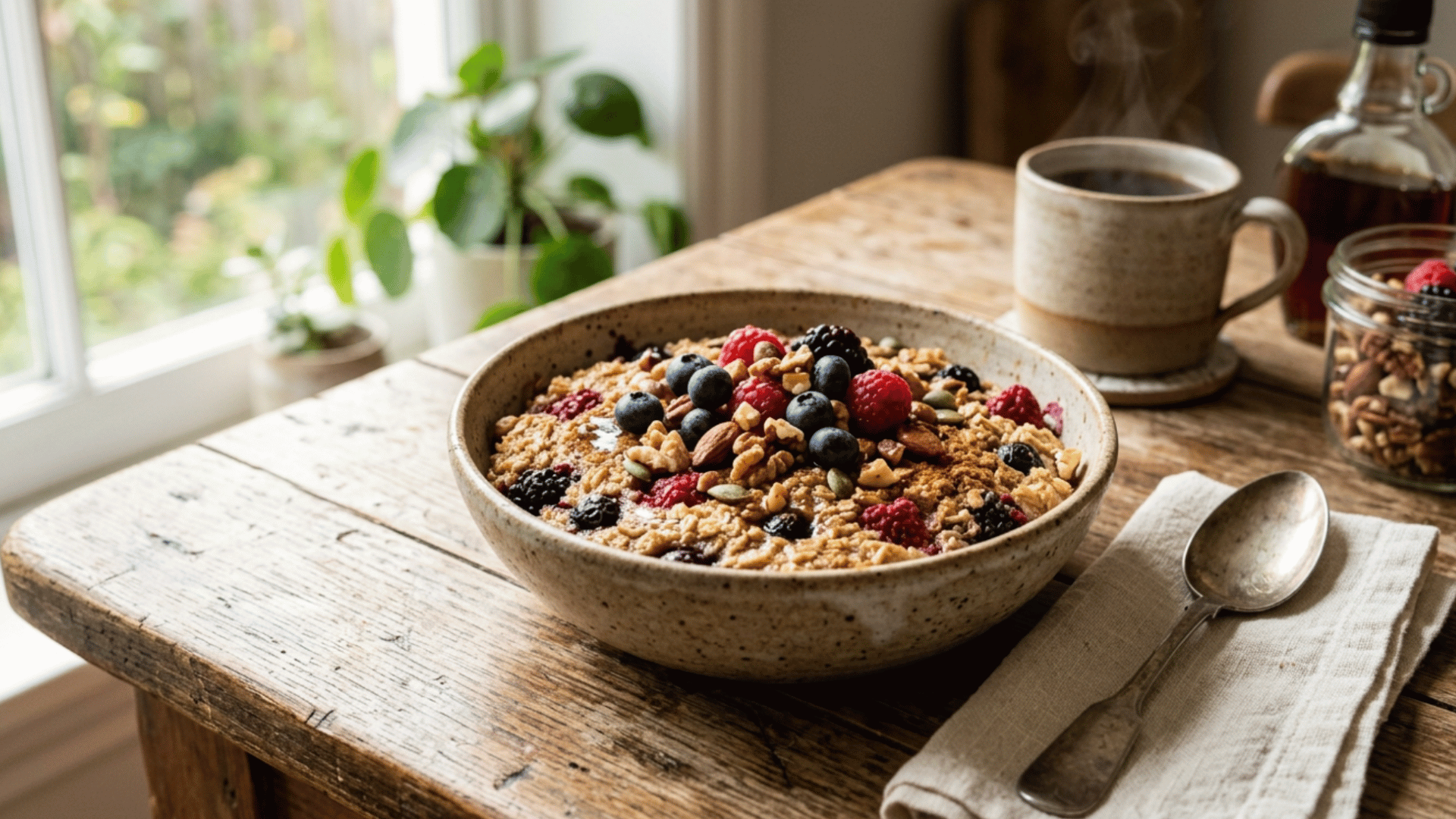 warm baked oatmeal topped with banana slices, fresh berries, and nuts in a rustic baking dish