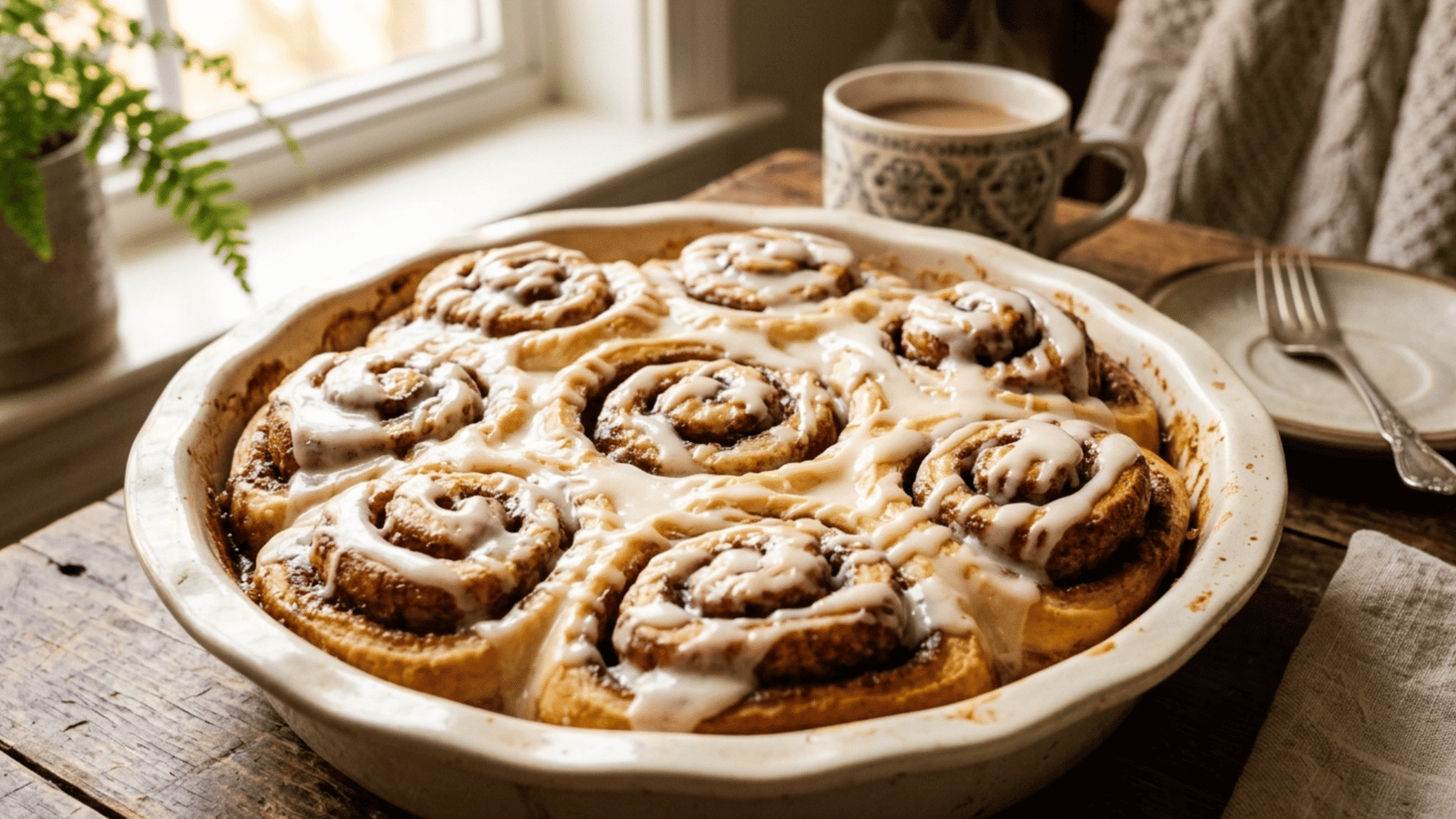 warm gooey cinnamon roll bake drizzled with cream cheese glaze fresh out of the oven for brunch