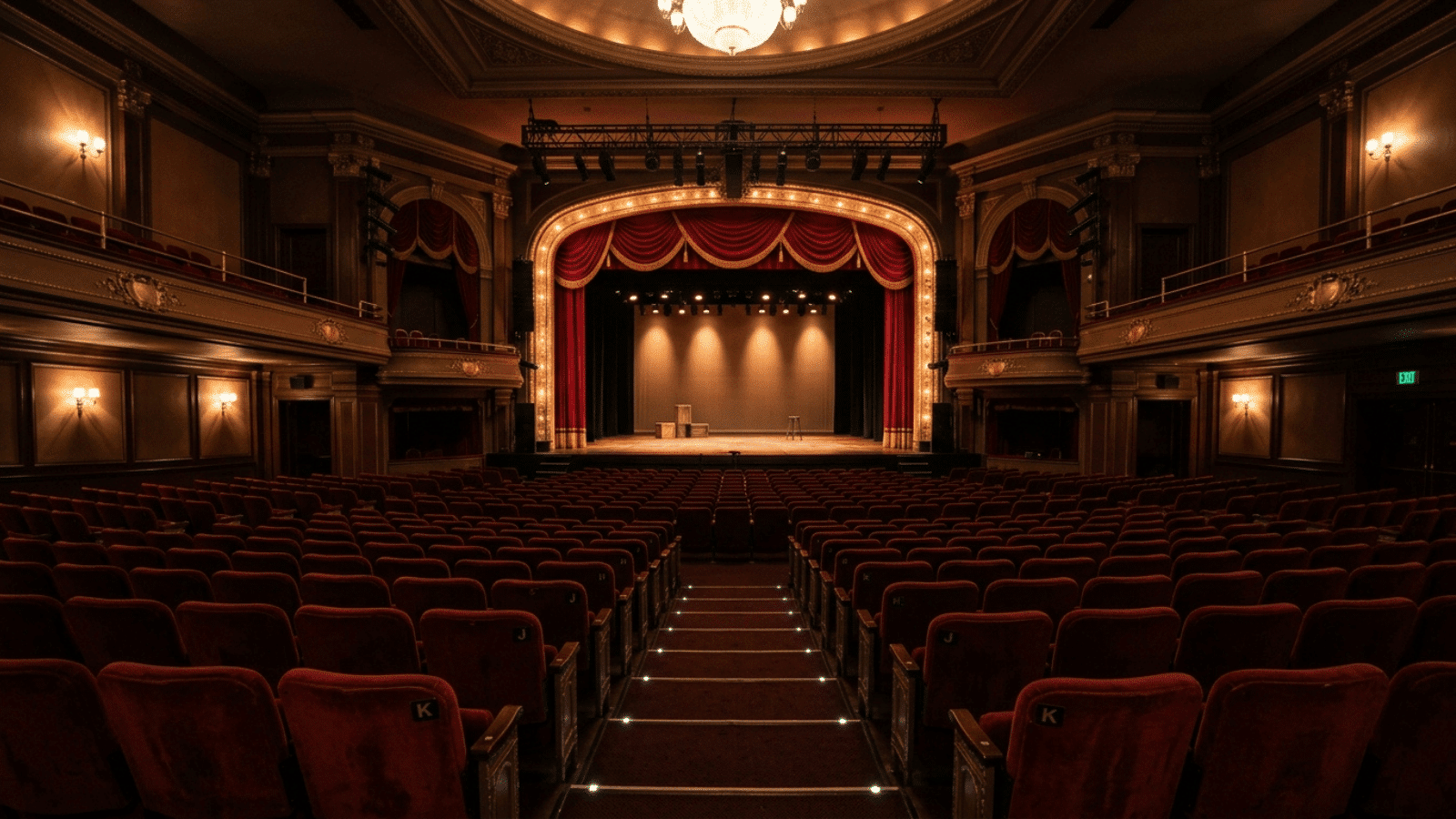 warm interior of a theatre or concert hall with stage lighting glowing softly, rows of empty seats before a show begins