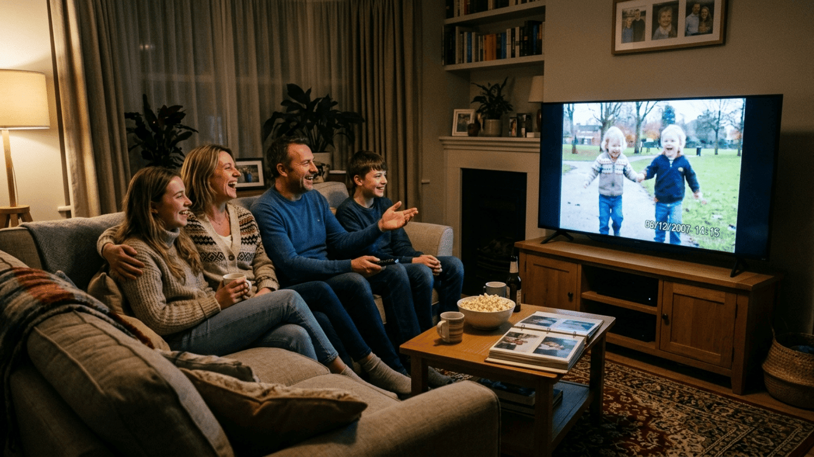 warm living room with a television glowing softly, photo albums and old video cases on a coffee table, warm lamp light, nostalgic and intimate atmosphere