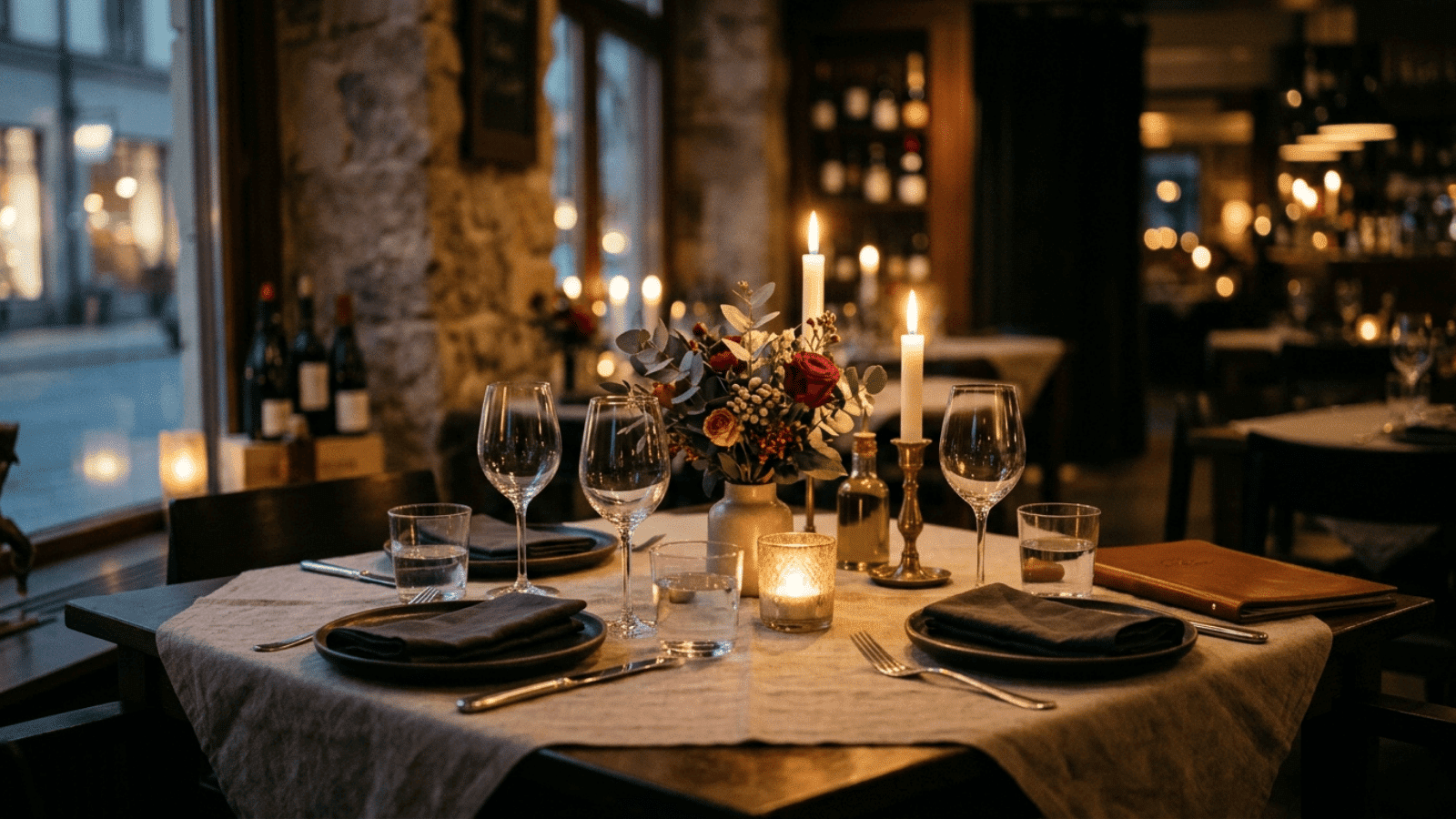 _warm restaurant table set for two with candles, wine glasses, and a small floral centerpiece, soft ambient lighting, elegant and intimate