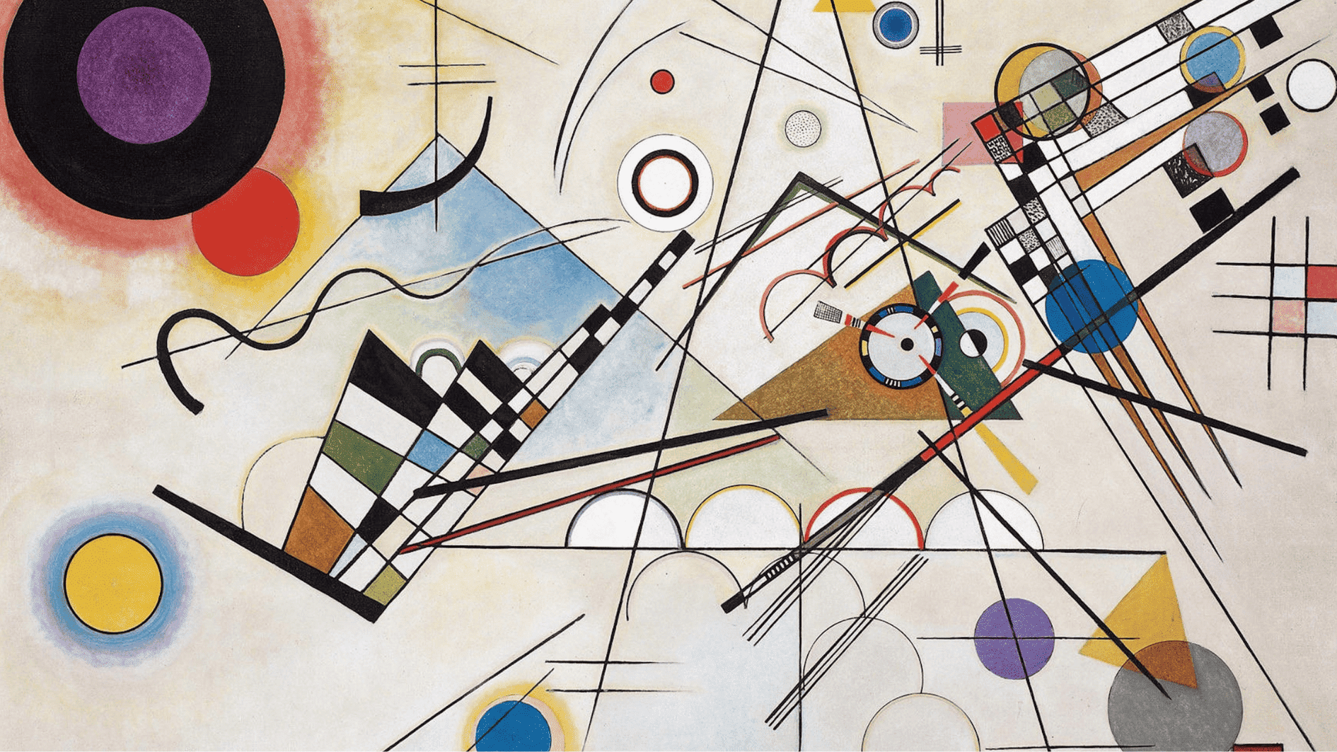 wassily Kandinsky – Composition VIII-Abstract geometric painting with colorful circles, lines, and shapes arranged in a dynamic composition on a light background