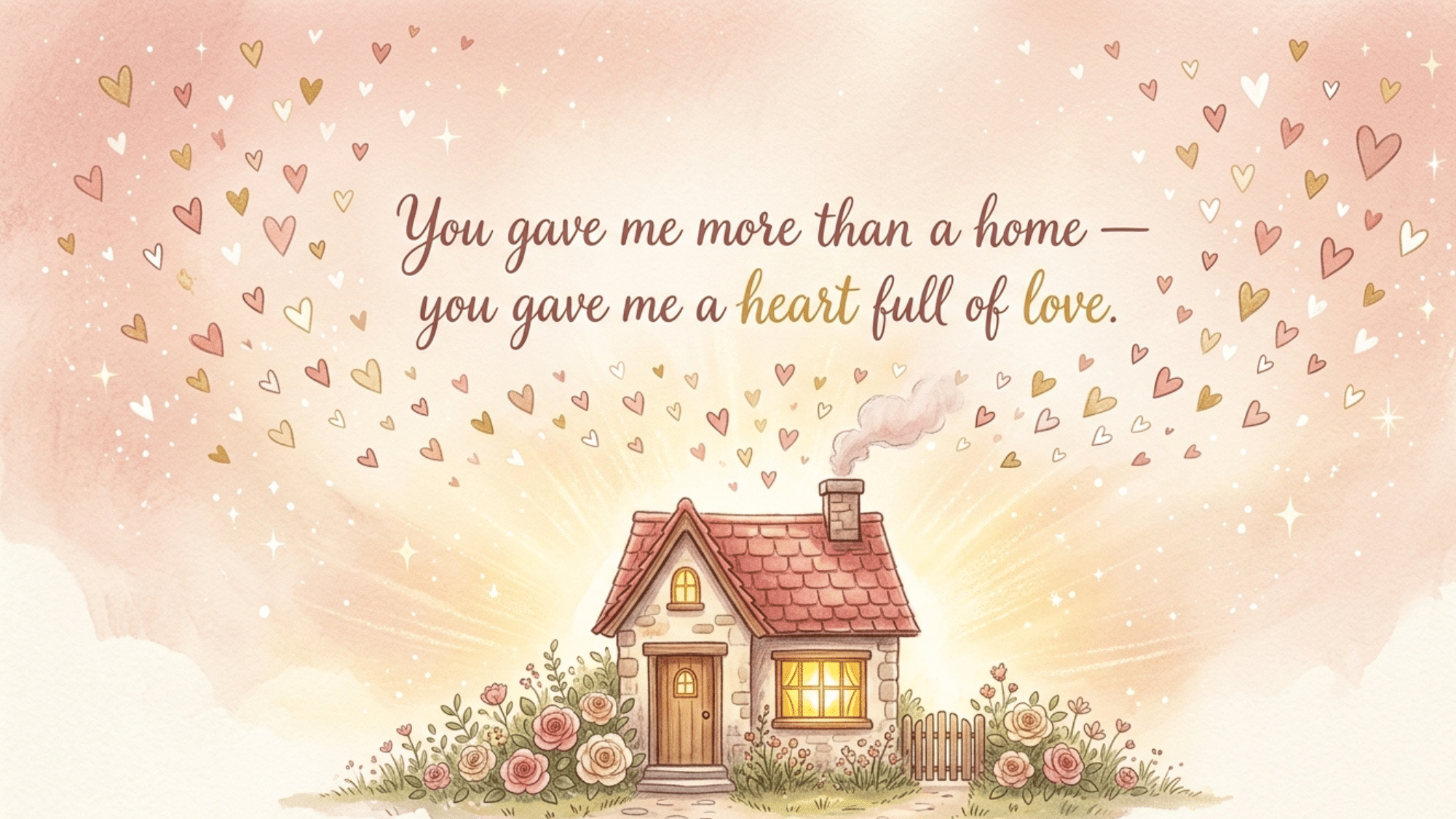 watercolor illustration of a cozy house with hearts and text “you gave me more than a home- you gave me a heart full of love.”