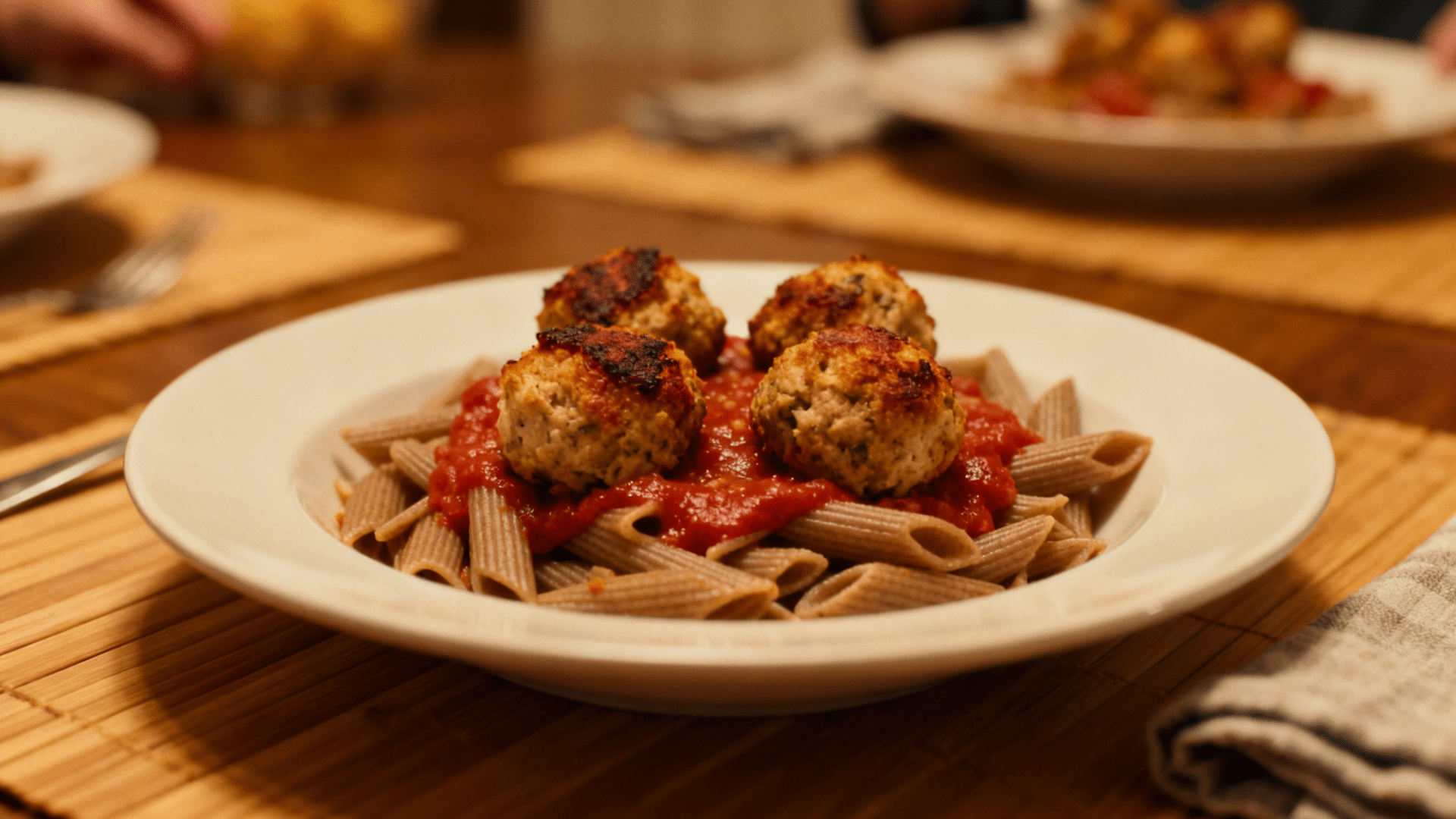 whole grain penne pasta topped with tomato sauce and browned meatballs on a white plate