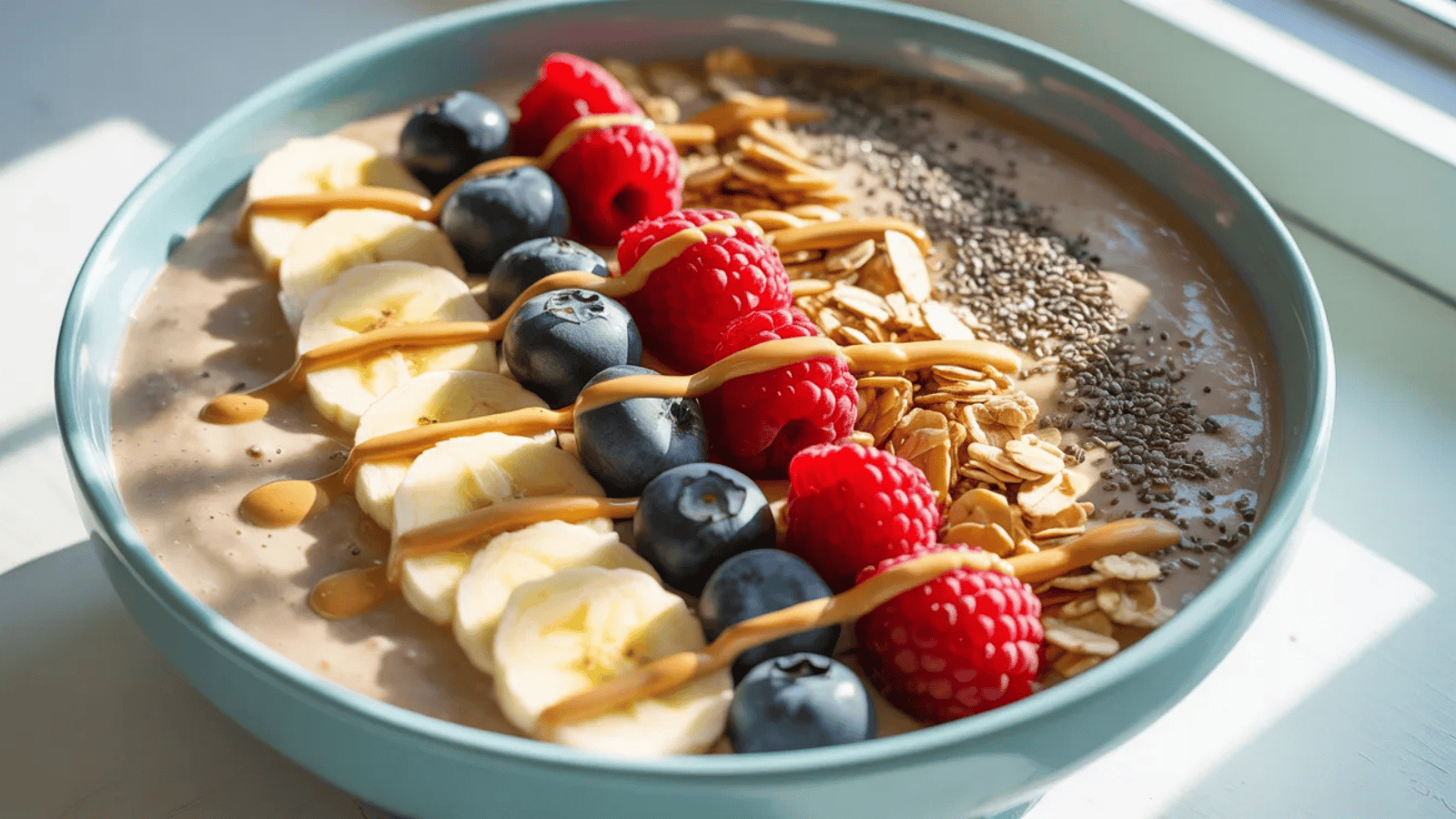 wide bowl filled with a thick, creamy blended banana smoothie base, topped with neat rows of sliced banana, fresh berries