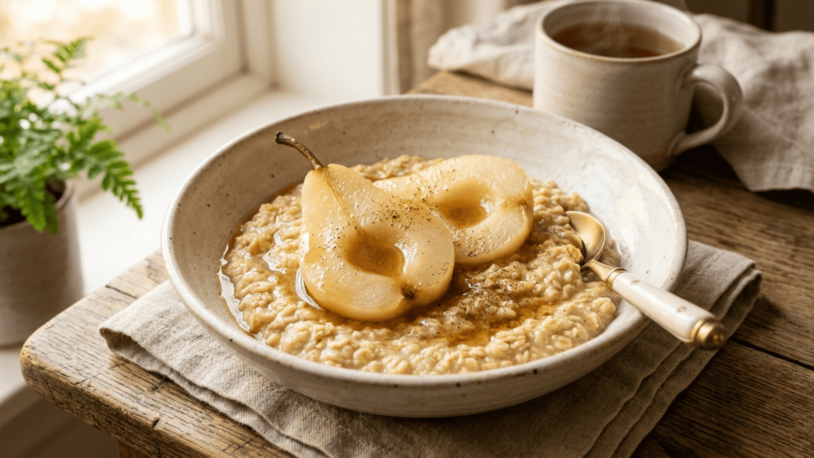 wide ceramic bowl of creamy golden porridge with two poached pear halves resting on top, a drizzle of vanilla syrup pooling around them