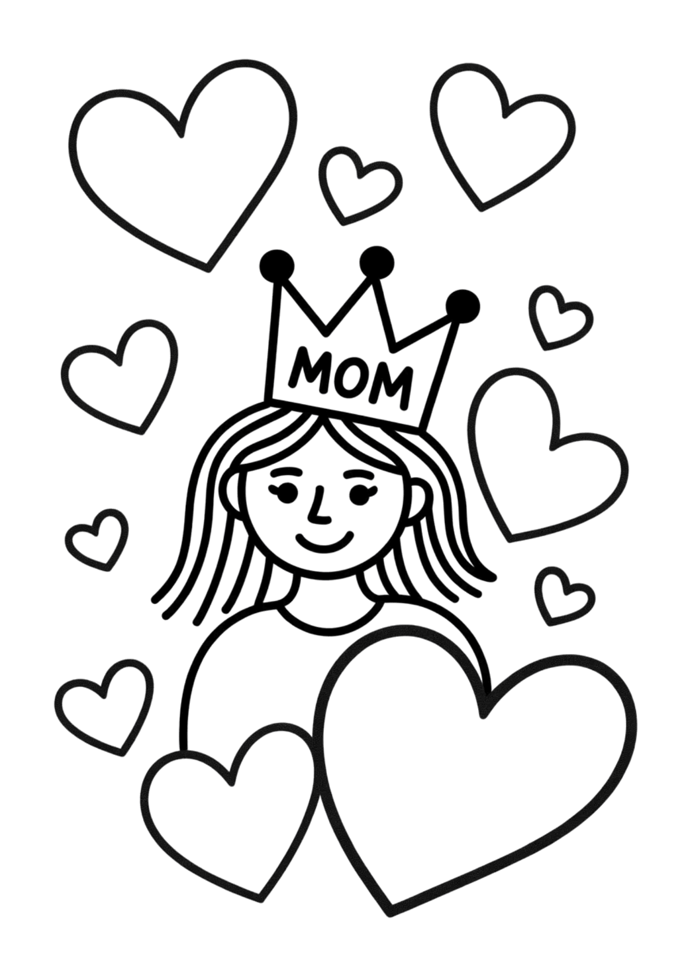 woman wearing crown labeled mom surrounded by hearts, simple line drawing celebrating mother as queen figure