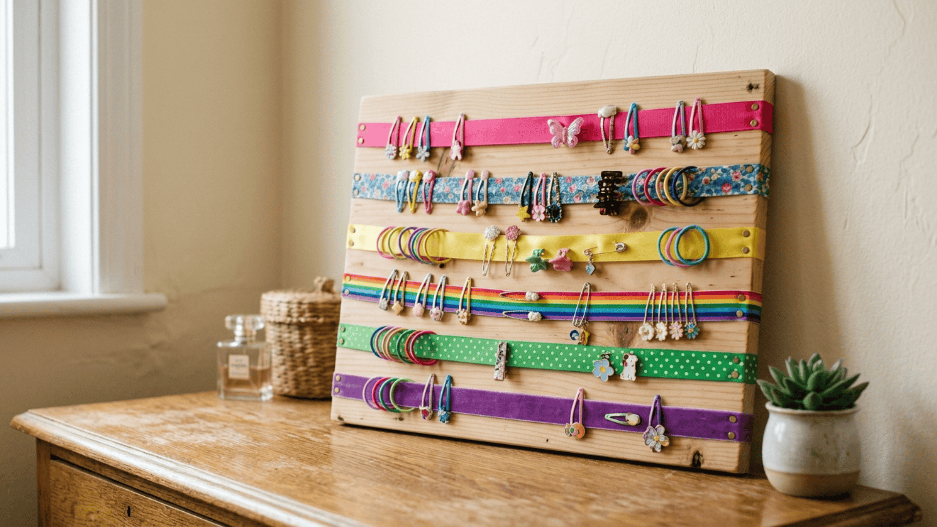 wooden board with colorful ribbons holding hair clips and bands as a handmade hair accessories organizer gift for mom