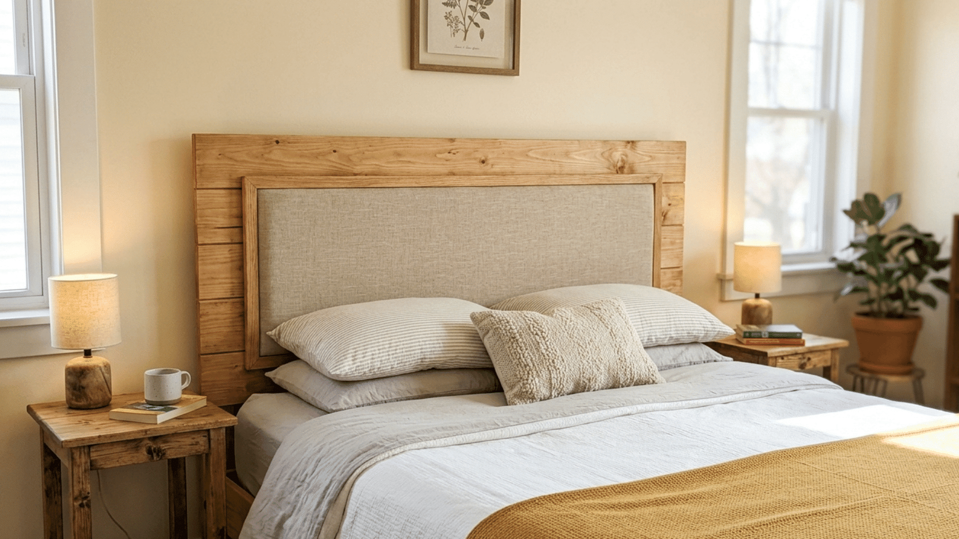wooden DIY headboard with soft bedding and bedside tables in a warm bedroom.