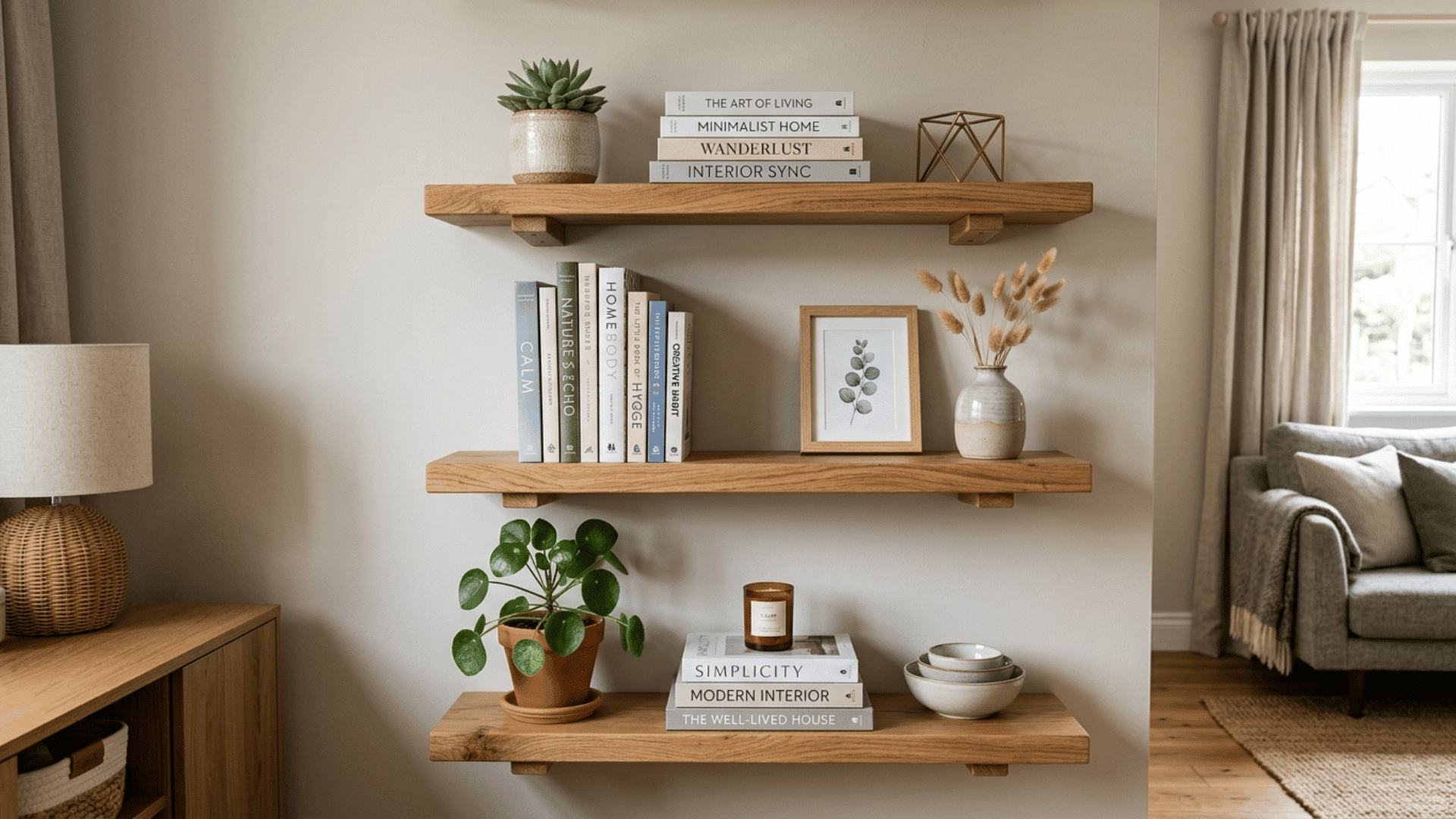 wooden floating shelves on wall displaying books, plants and decor items, neat arrangement in a warm living space