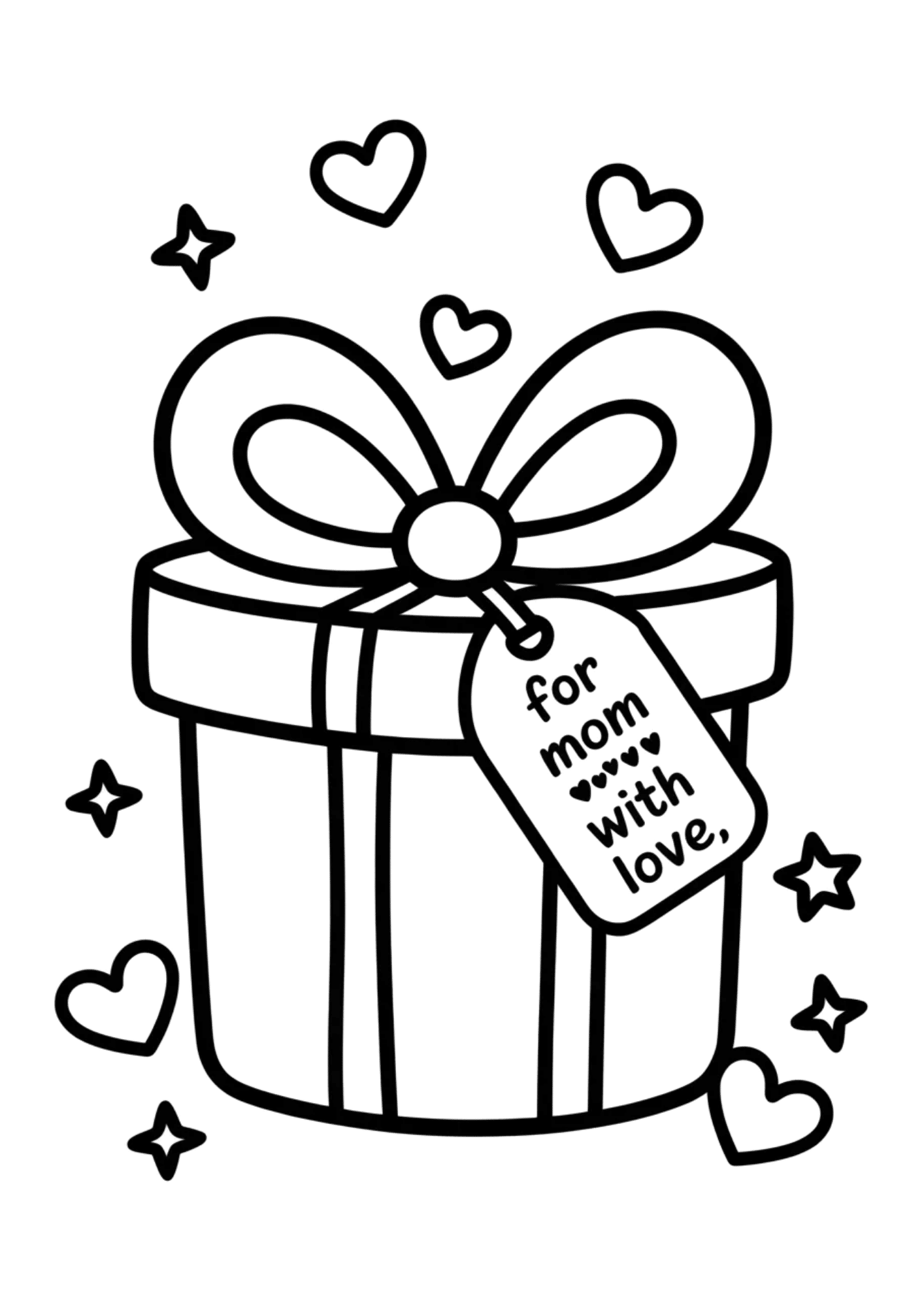 wrapped gift box with ribbon and tag saying for mom with love surrounded by hearts and sparkles simple art
