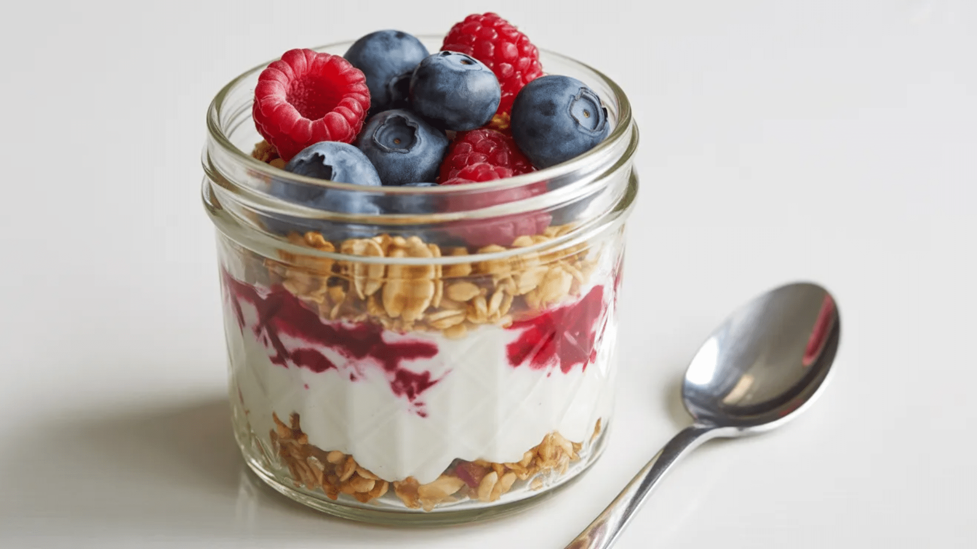 yogurt parfait with granola, raspberries, and blueberries in a glass jar
