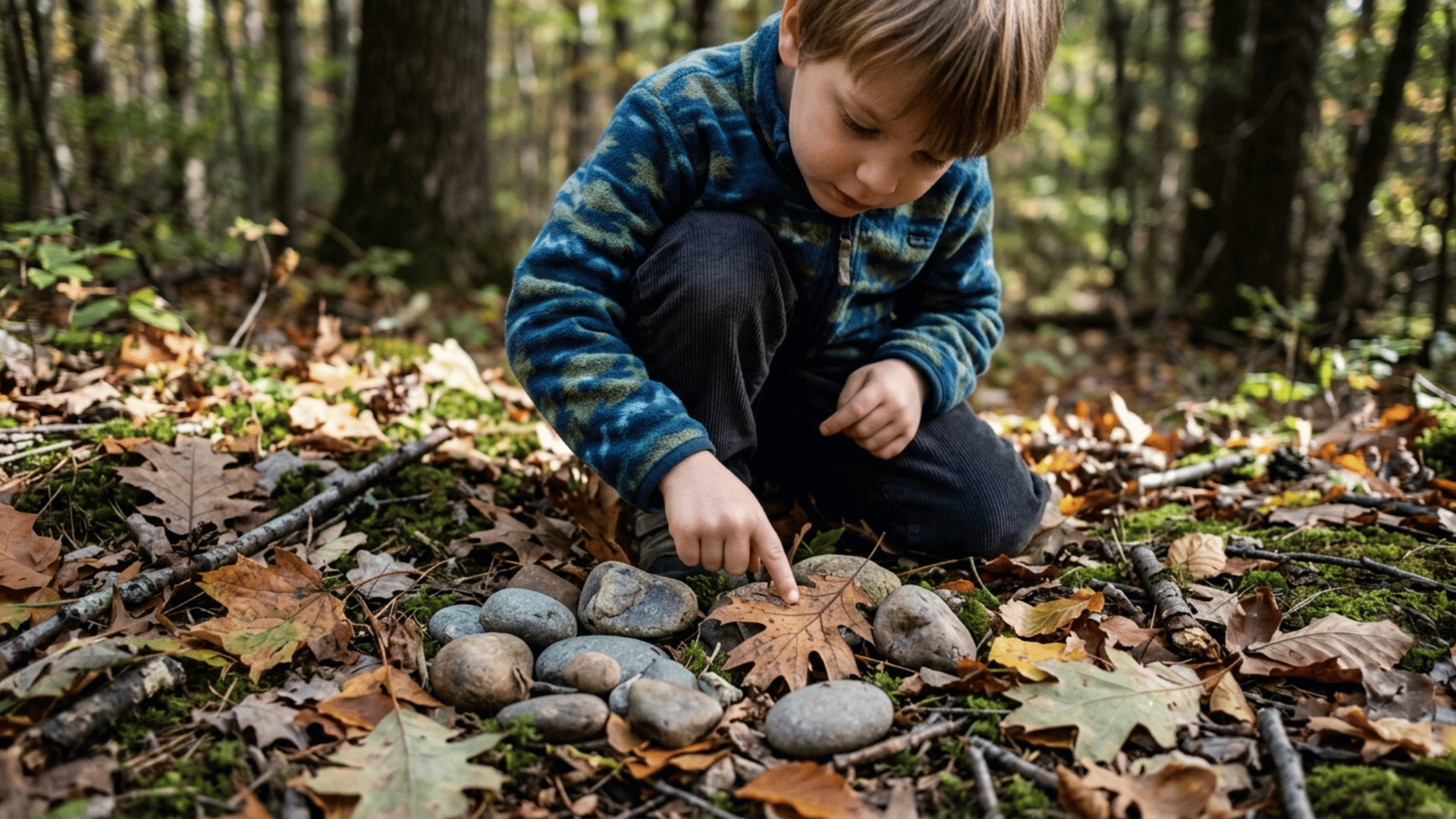 young child examining shapes in leaves and stones on the ground during a nature walk scavenger hunt in a wooded area