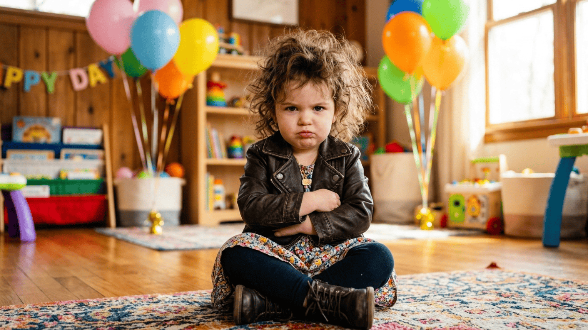 young girl sitting cross-legged on the floor with a serious expression in a room decorated with balloons and toys