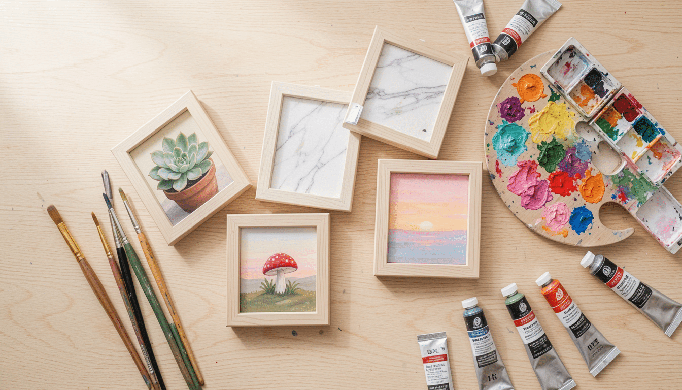 a flat-lay of multiple small canvas paintings showcasing easy painting ideas with brushes and a colorful palette on a wooden surface