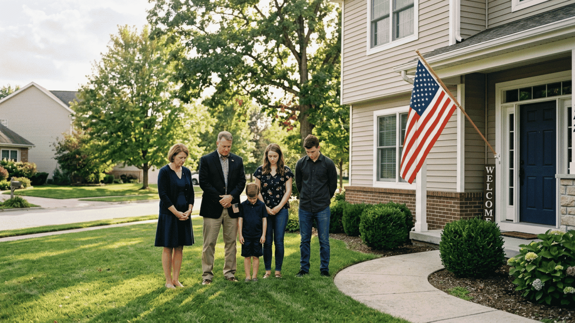 a family standing with heads bowed in silence in their front yard during the national moment of remembrance