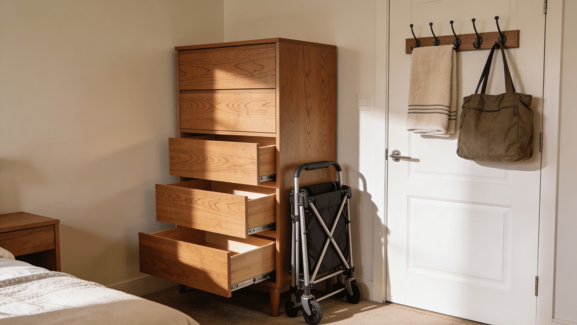 a guest bedroom with a slim dresser, open empty drawers, luggage rack, and over-door hooks for storage