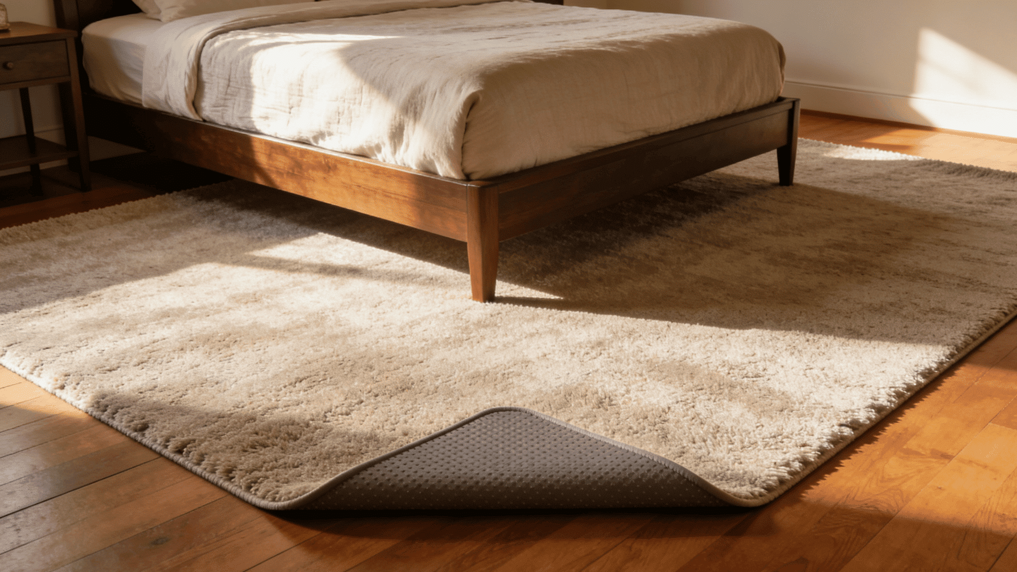a guest bedroom with a soft neutral low-pile rug extending evenly on both sides of a queen-size bed