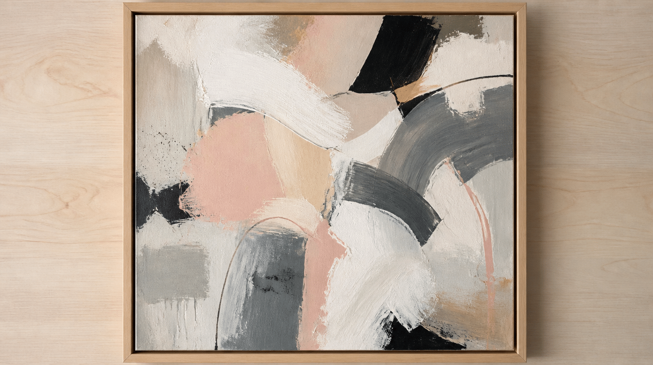 A framed canvas with expressive abstract brushstrokes in deep blue, terracotta, blush, and cream in a free, emotional layout.