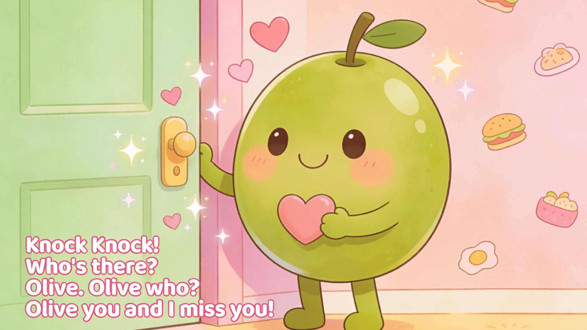 adorable olive character sharing sweet knock knock joke with hearts and pastel colors