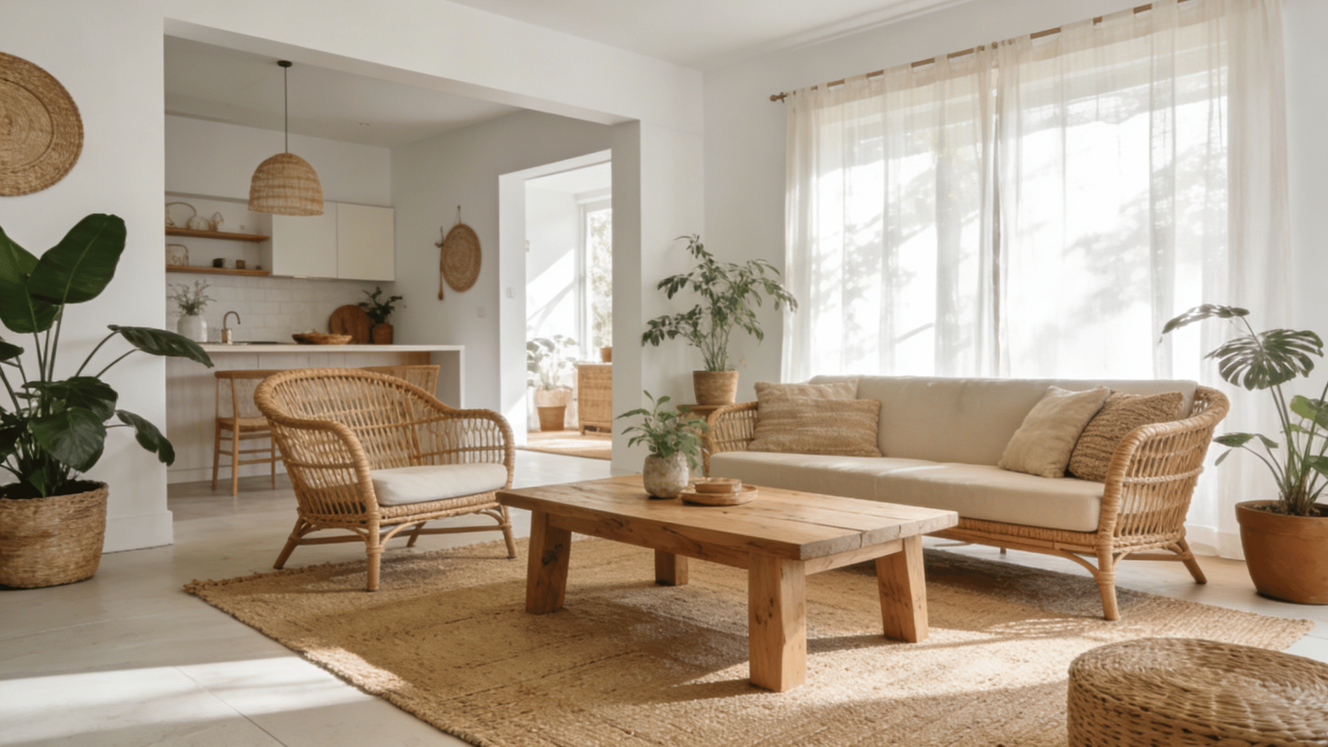 airy bohemian living room with wicker furniture neutral decor indoor plants and soft natural light