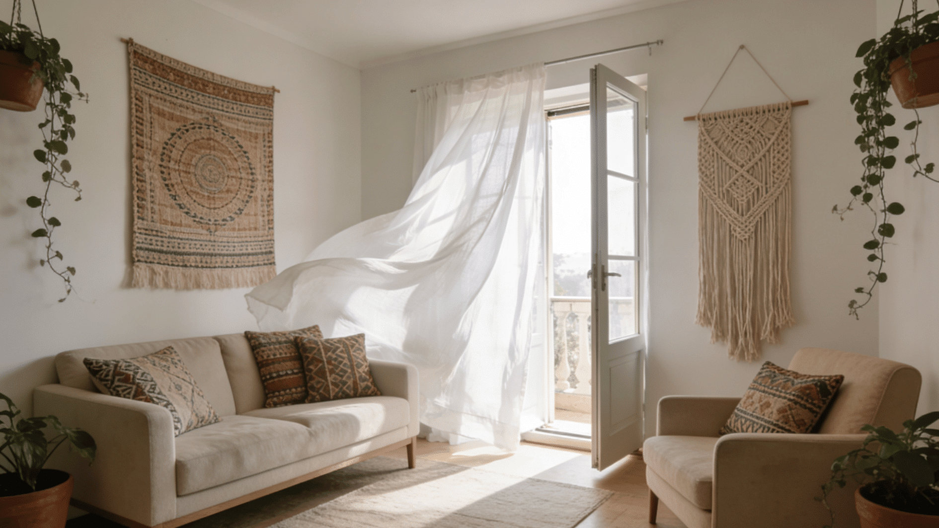 airy boho living room with flowing white curtains woven wall art and hanging indoor plants