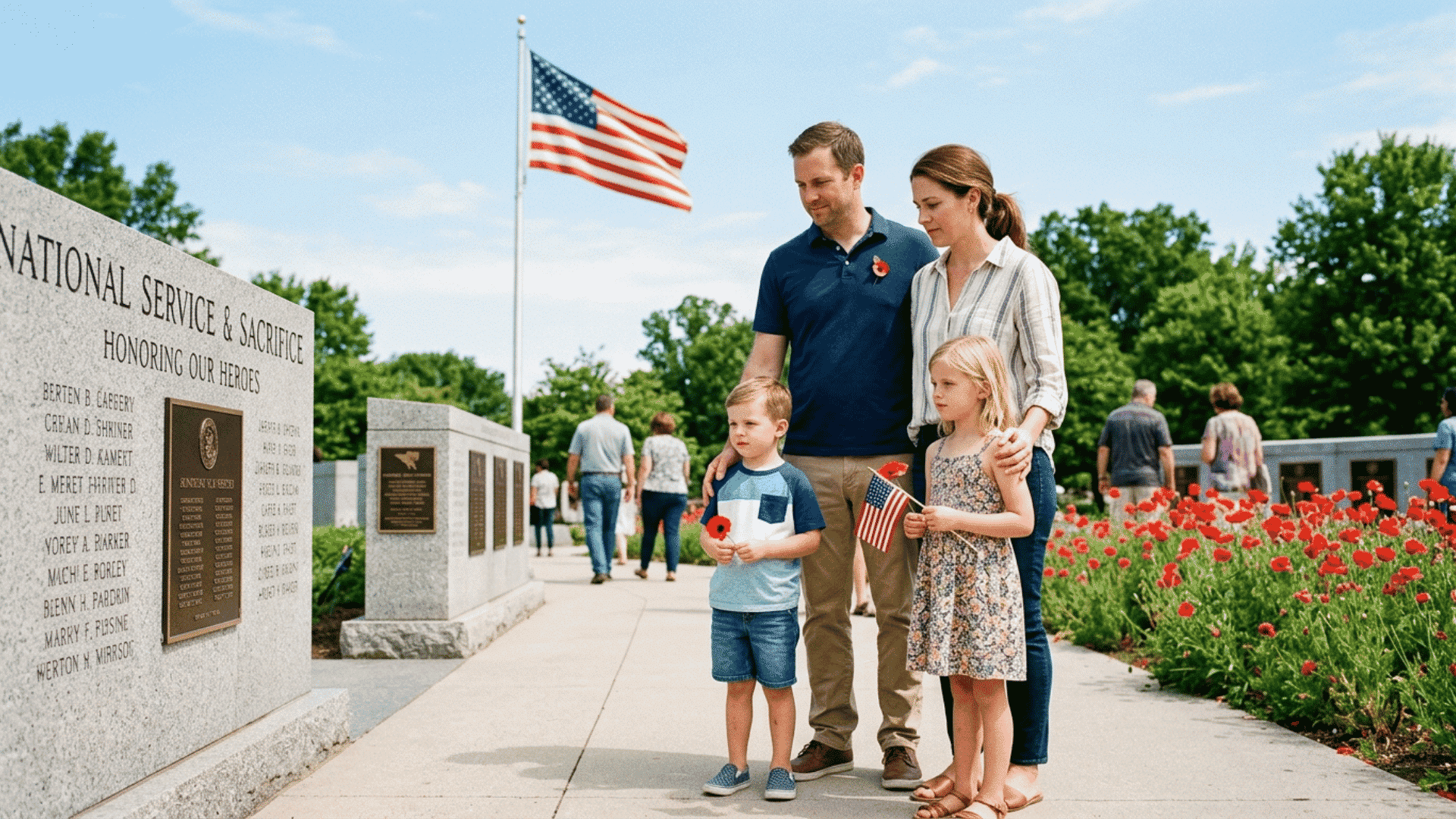 an american family standing near a memorial site with a flag and red poppies on memorial day