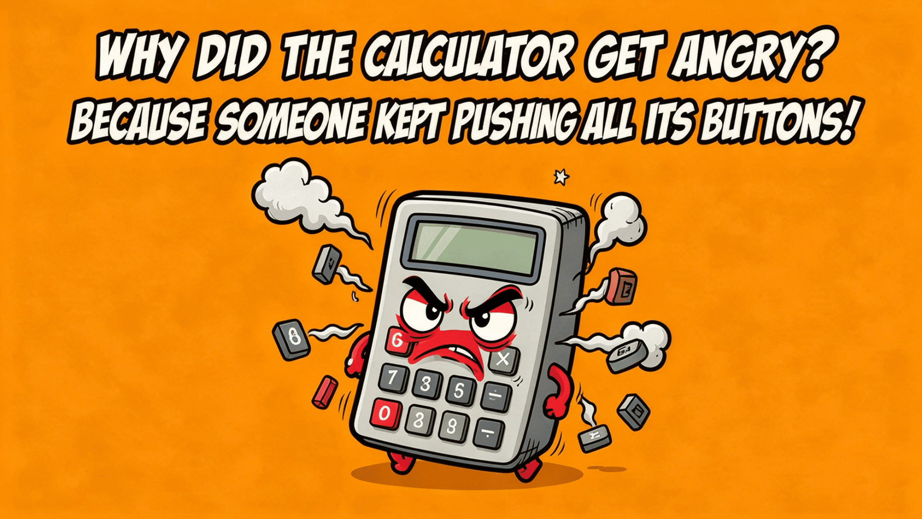 angry cartoon calculator with flying buttons and smoke on orange background with funny math joke text