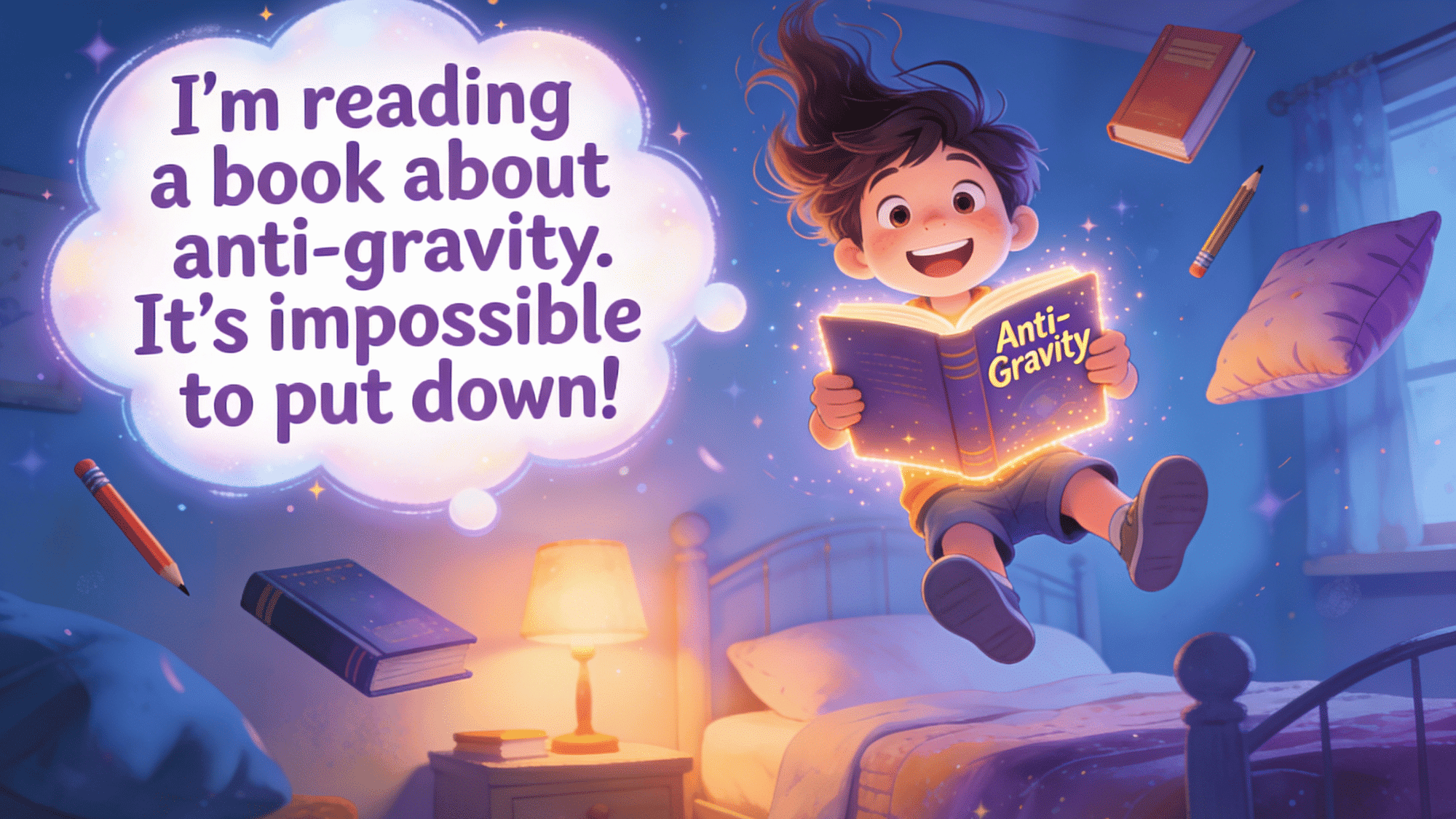 anti gravity book joke with floating child reading glowing book