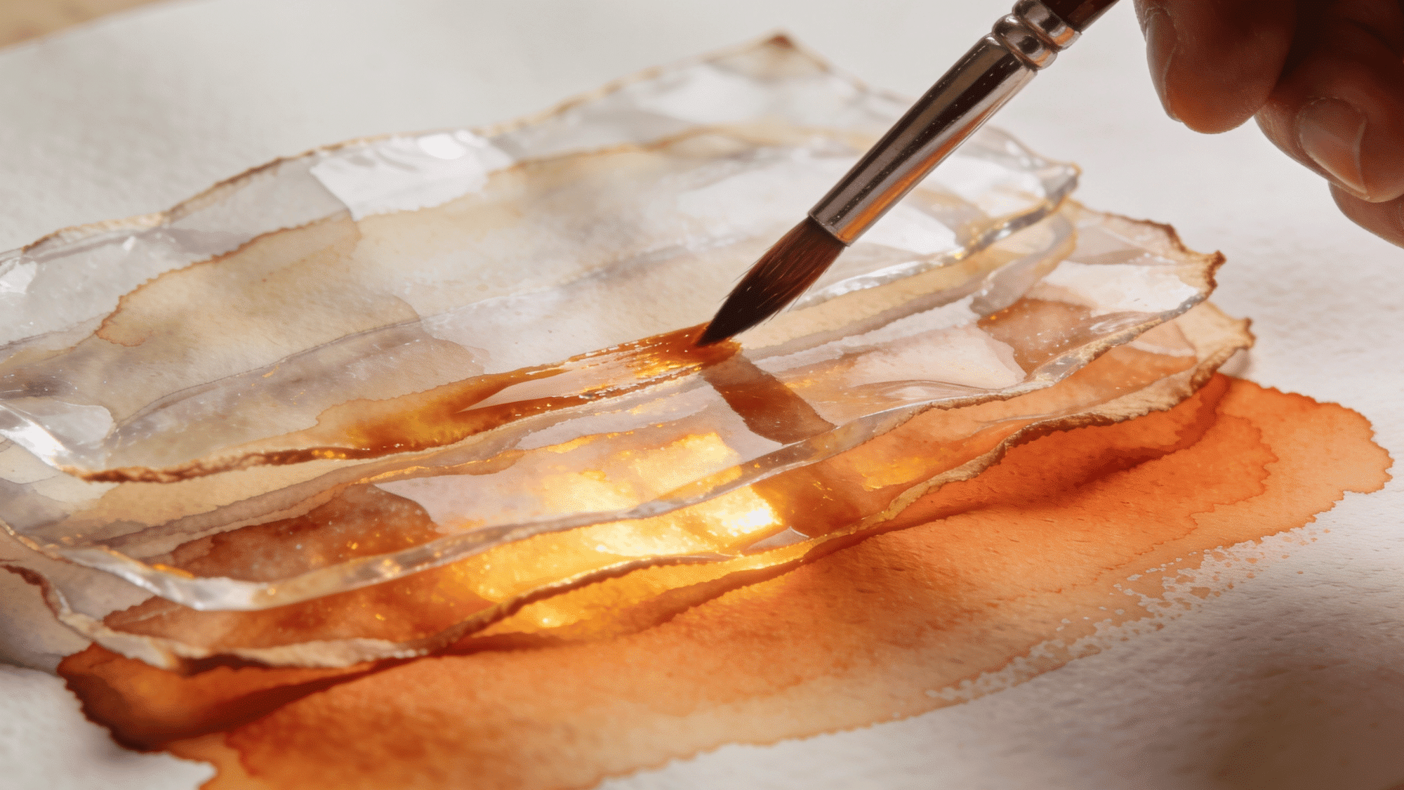 artist painting translucent layered watercolor effect with warm orange tones and glazing technique