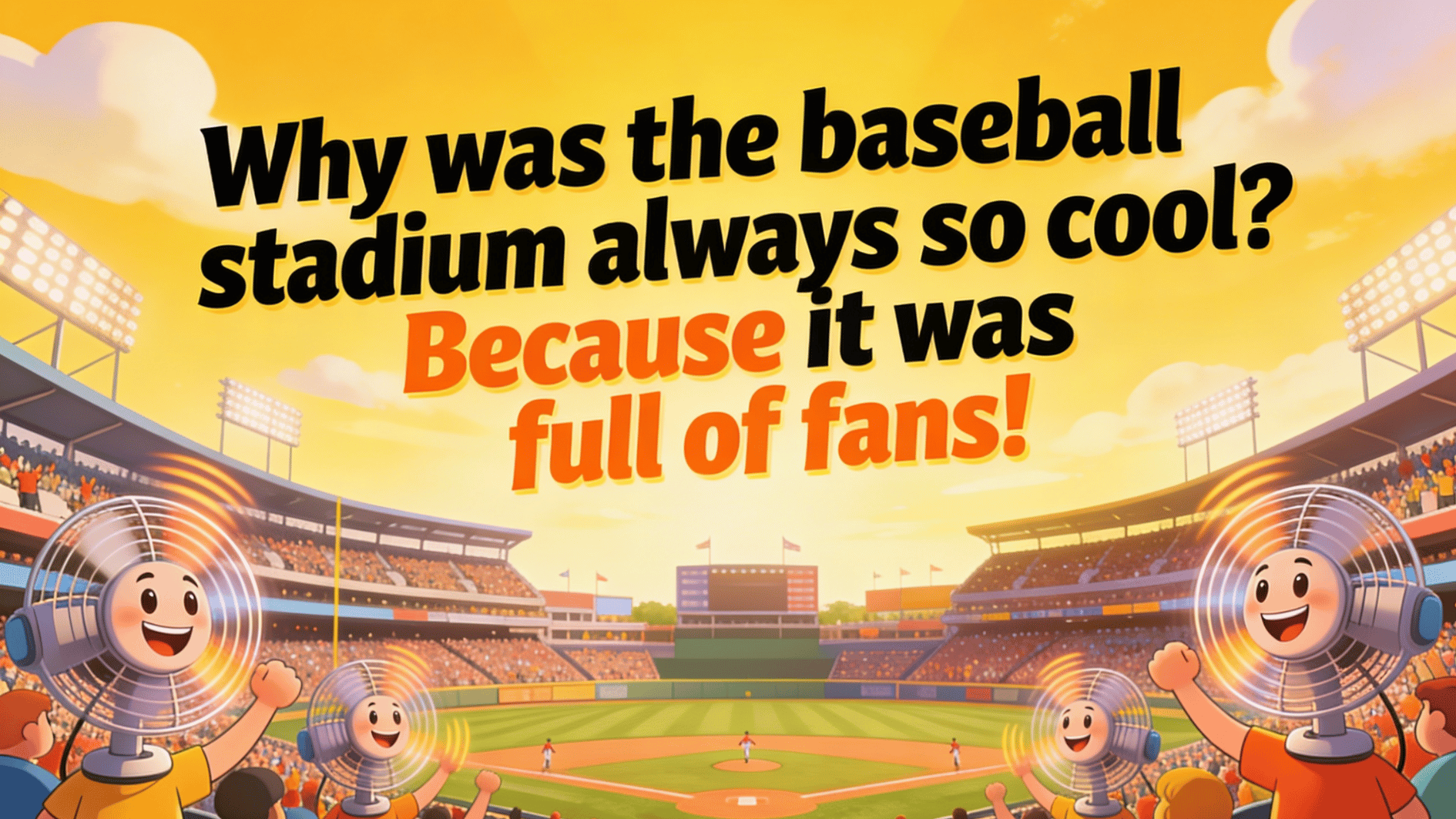 baseball stadium filled with cheering cartoon fans shaped like electric fans under sunny sports arena sky