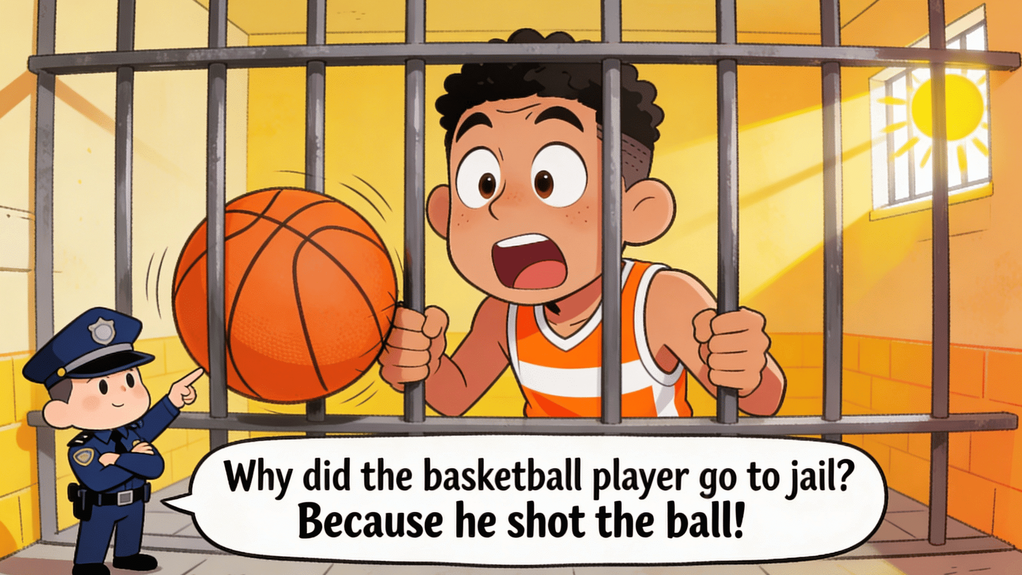basketball player in jail cartoon with funny shot the ball joke