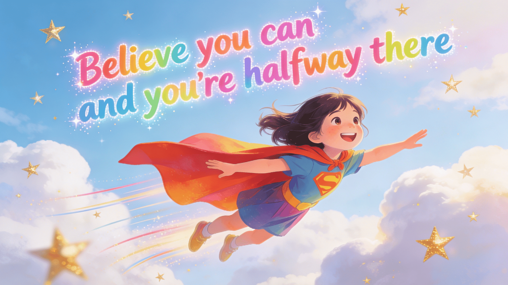 believe you can motivational kids poster, superhero girl illustration, rainbow quote wall art