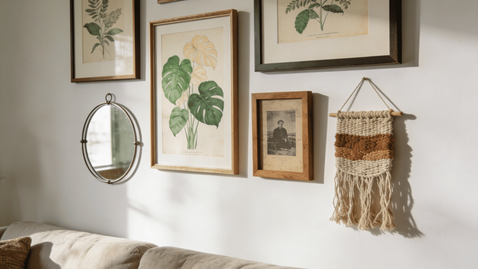 botanical gallery wall with framed art mirror and woven hanging in cozy neutral living room