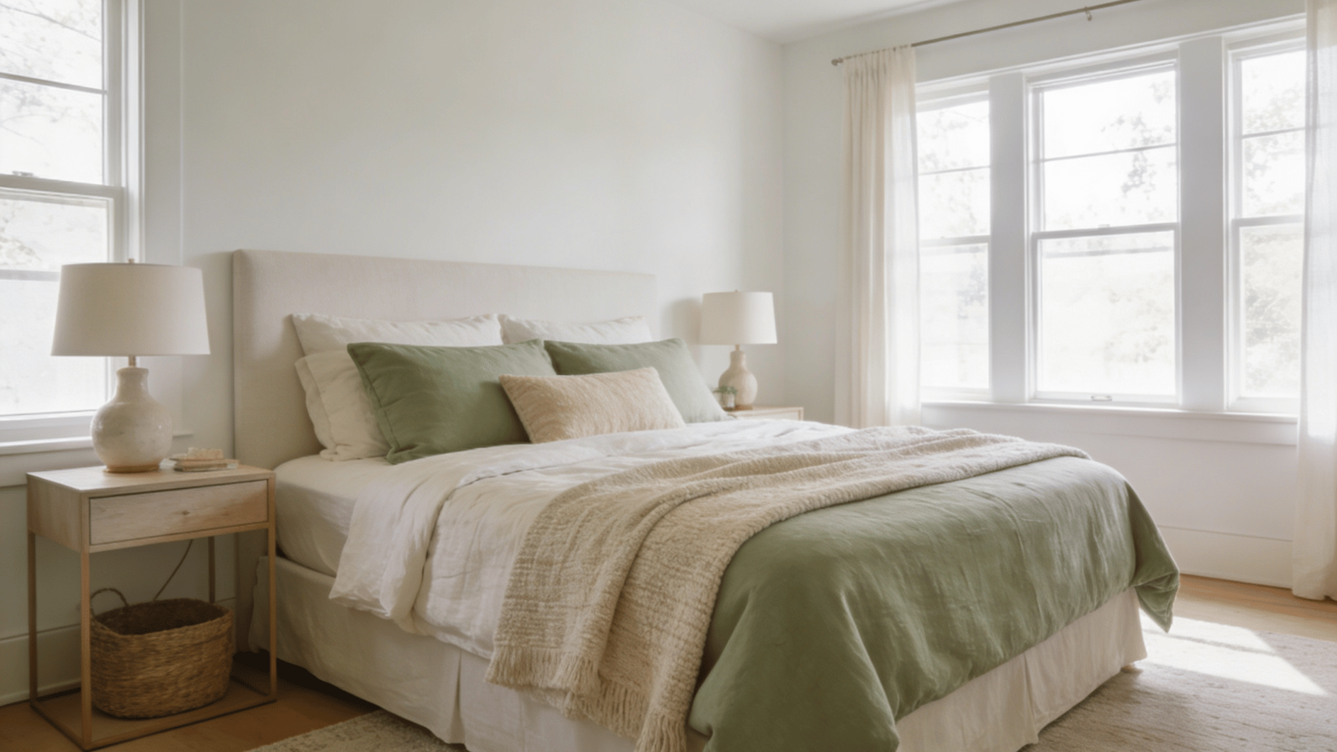 bright airy bedroom with green bedding soft curtains bedside lamps and clean minimalist interior style