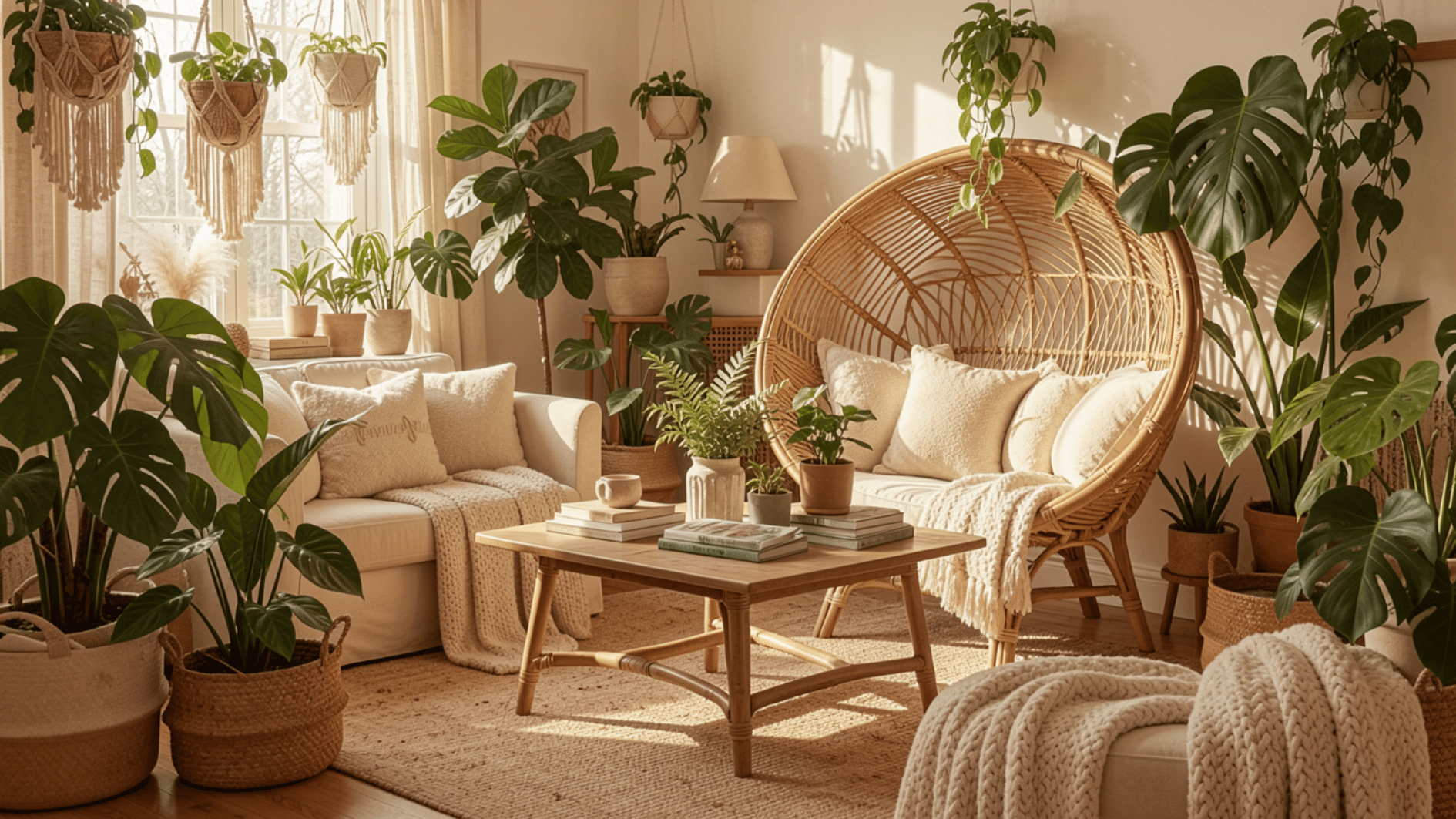 bright boho lounge with wicker chair hanging plants cream sofa and warm natural sunlight indoors