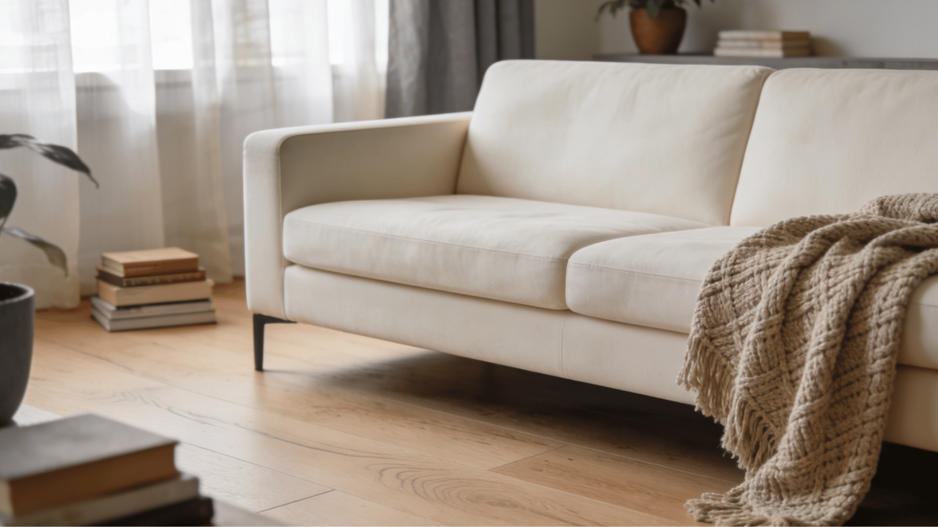 bright living room with cream sofa soft blanket wooden floor books and natural daylight through sheer curtains