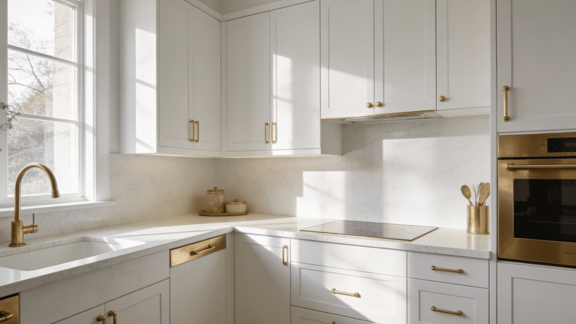 bright modern kitchen with white cabinets marble surfaces brass handles and sunlight through large window