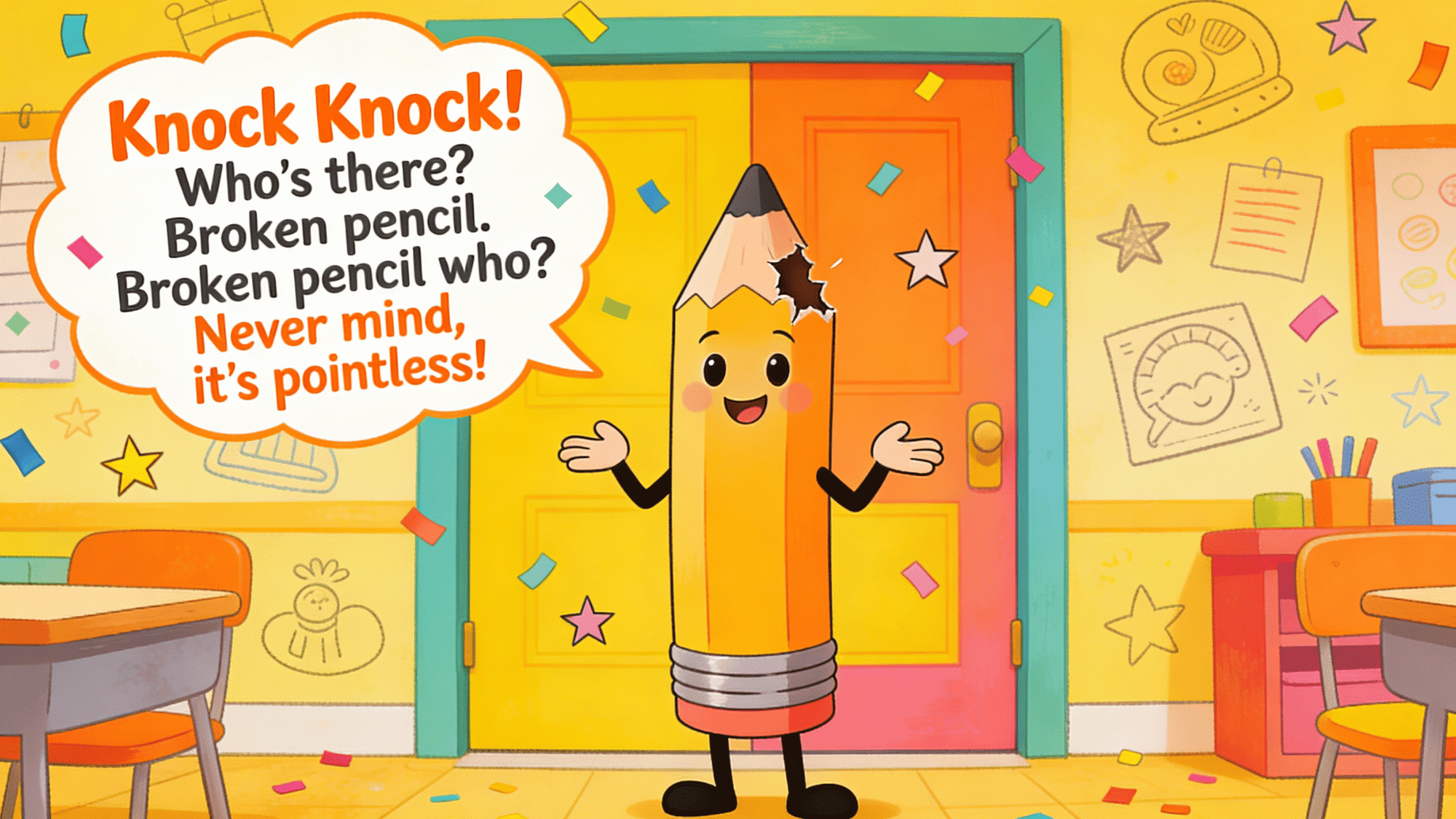 broken pencil knock knock joke with smiling cartoon pencil in bright classroom setting