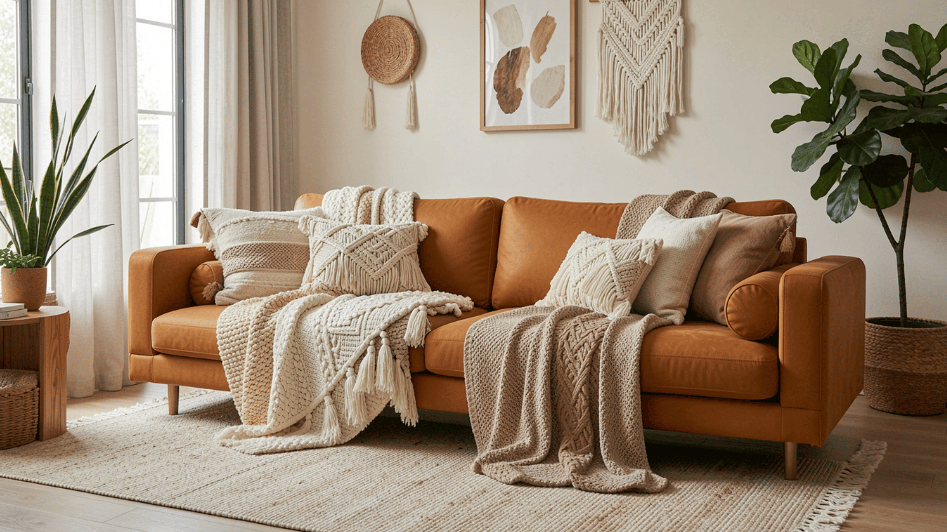 caramel leather sofa with chunky knit throws neutral cushions and cozy modern boho decor