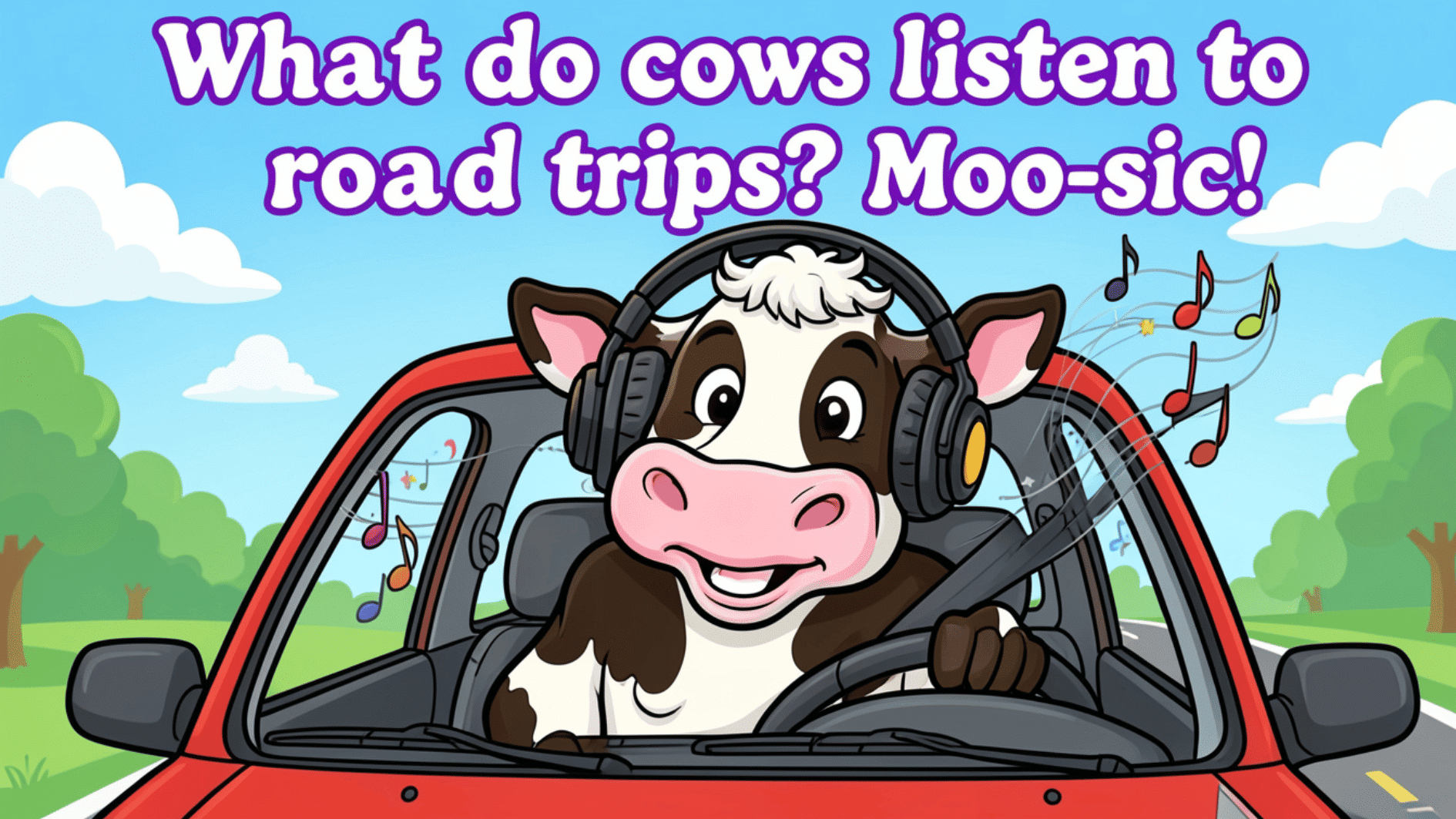 cartoon cow wearing headphones driving red car with music notes and funny moo-sic road trip joke text
